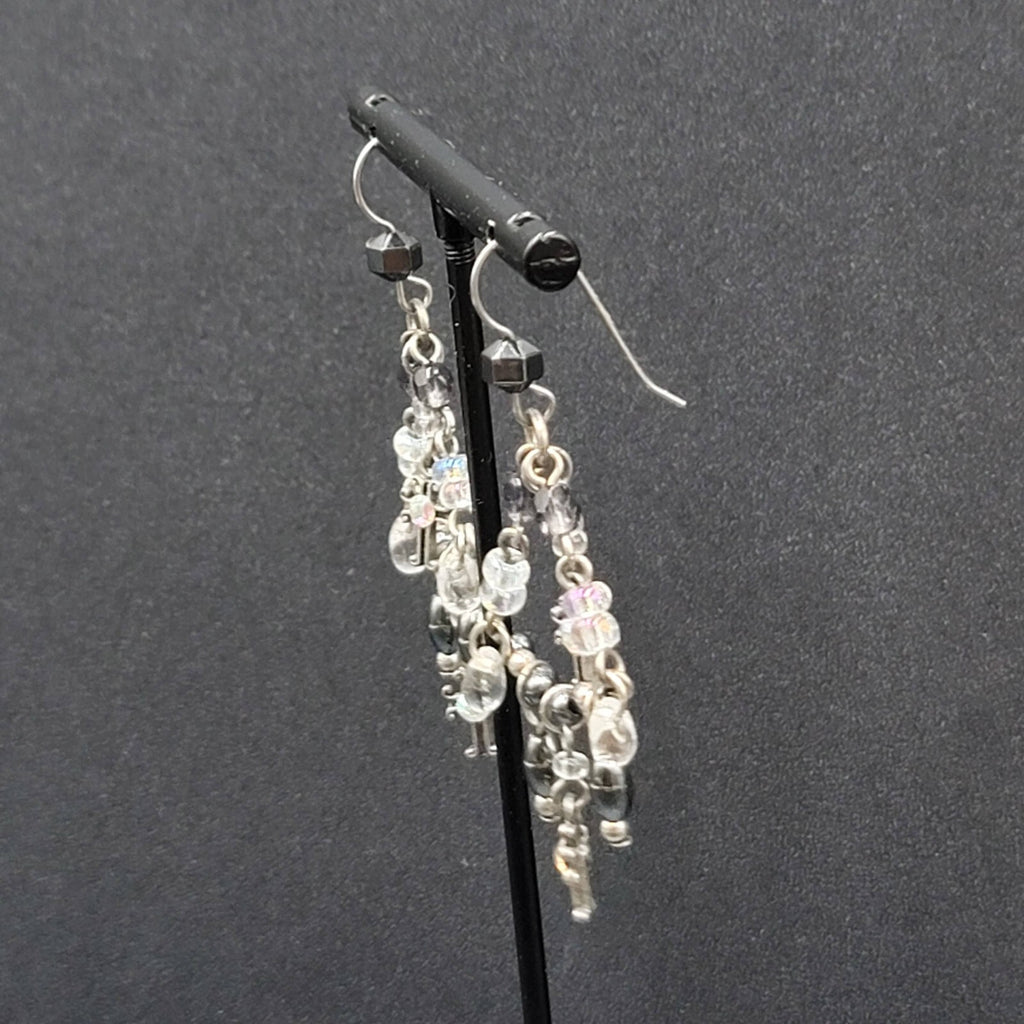 Pierced Earrings Silver tone Black Hematite AB Cross Chandelier Beads 1.75"