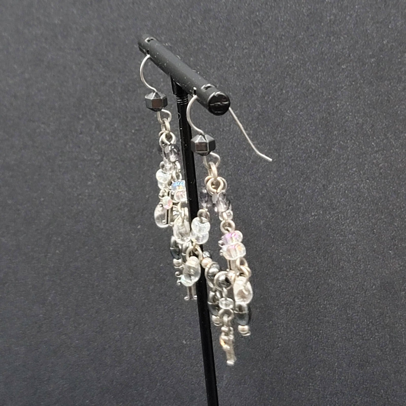 Pierced Earrings Silver tone Black Hematite AB Cross Chandelier Beads 1.75"