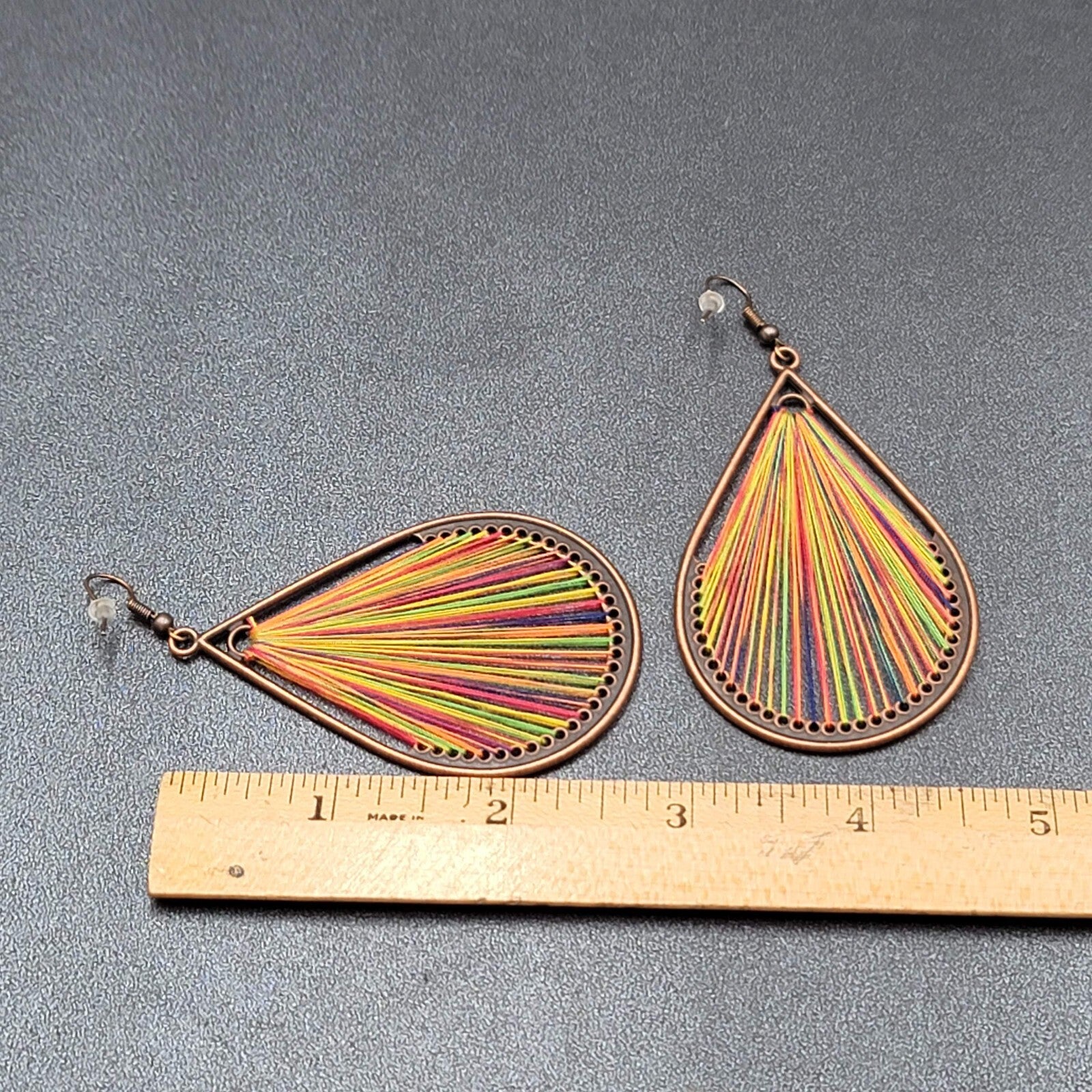 New Boho Pierced Earrings Copper tone Rainbow Threaded Dangle Teardrop 2.75"