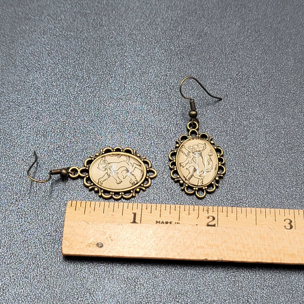 Lions Pierced Earrings Bronze tone Glass Cabochon Dangle 1.25"
