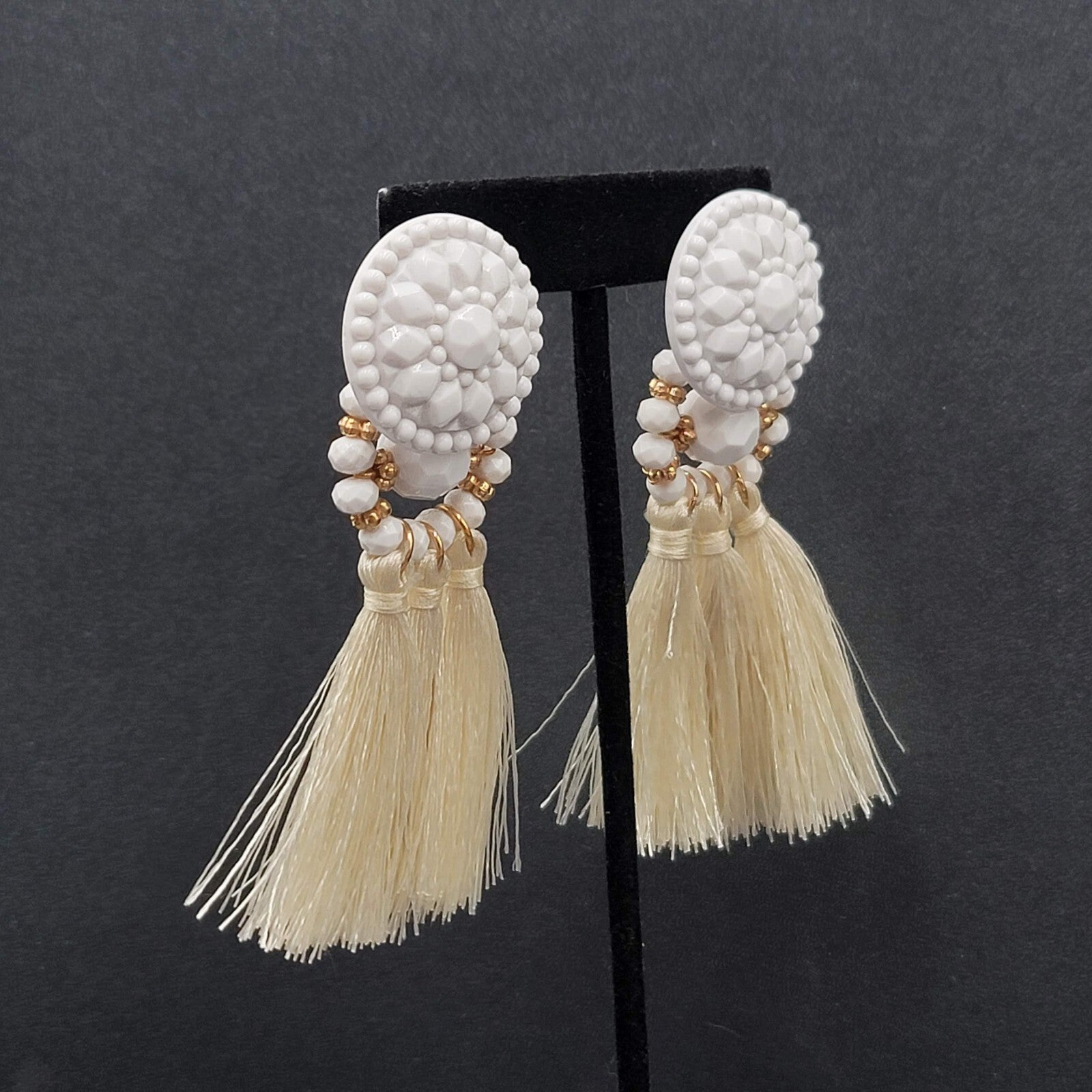 Large Statement Pierced Earrings White Acrylic Tassel Dangle 3.5"