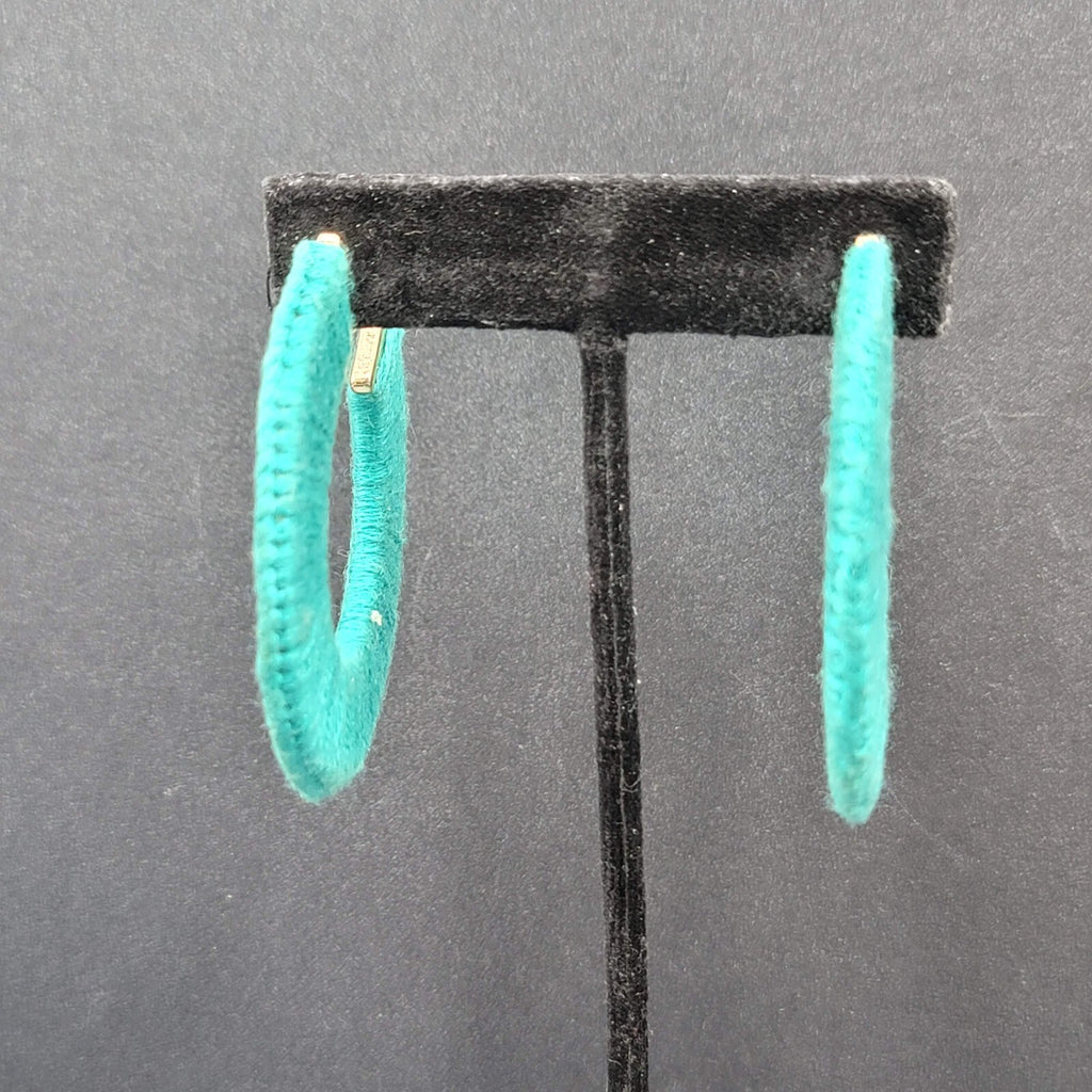 Pierced Earrings Gold tone Turquoise Blue Thread Wrapped Hoops 2 1/8"