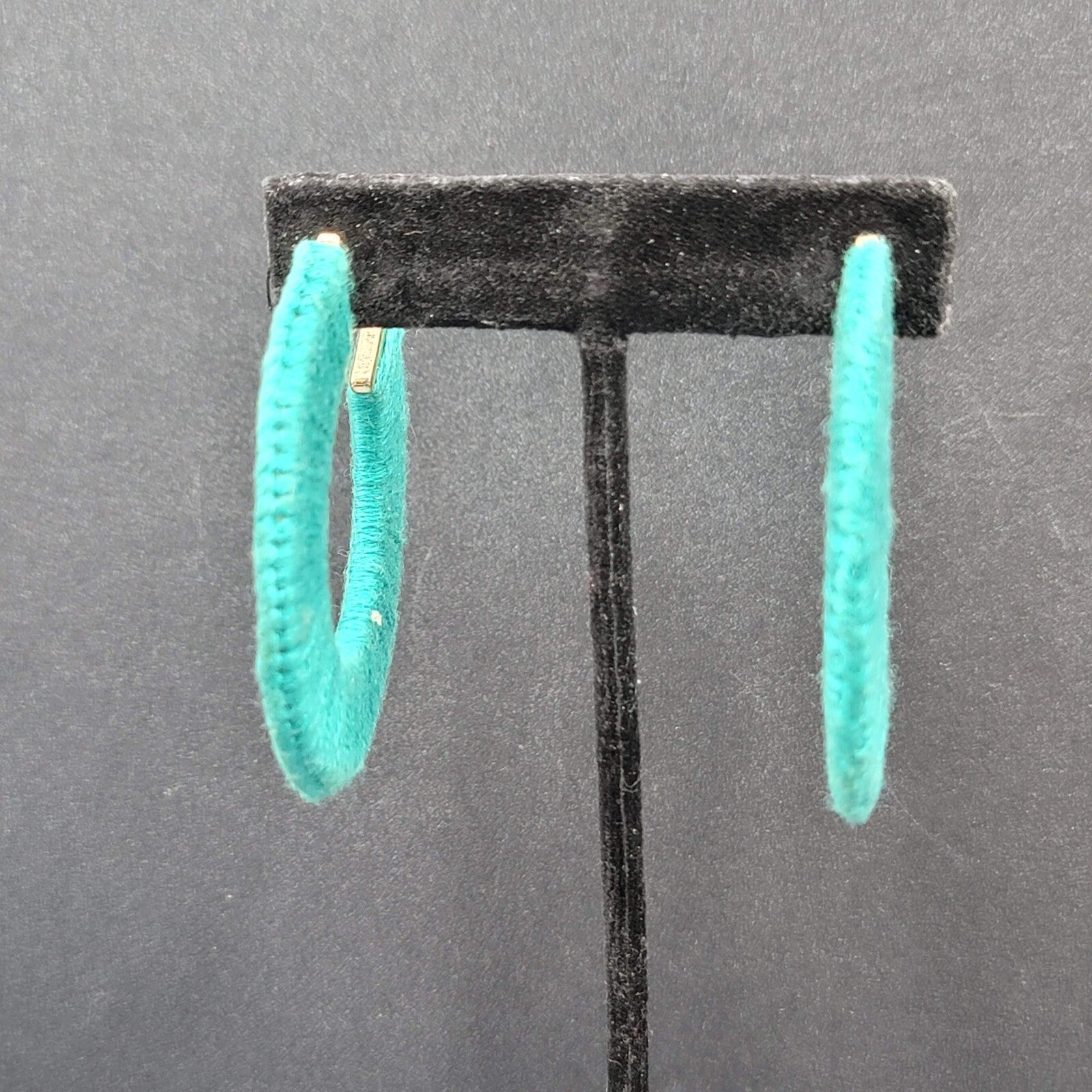 Pierced Earrings Gold tone Turquoise Blue Thread Wrapped Hoops 2 1/8"