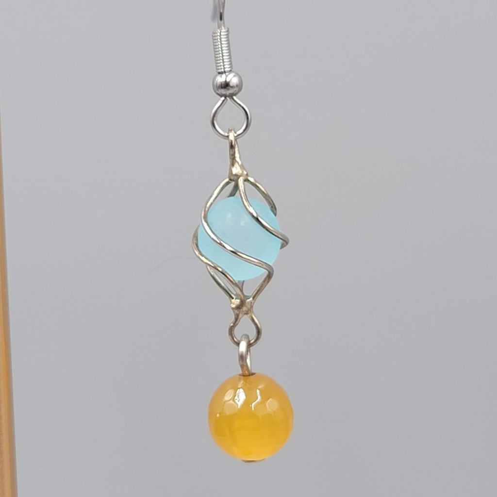 Blue Yellow Glass Bead Pierced Earrings Silver tone Dangle  1.25 in