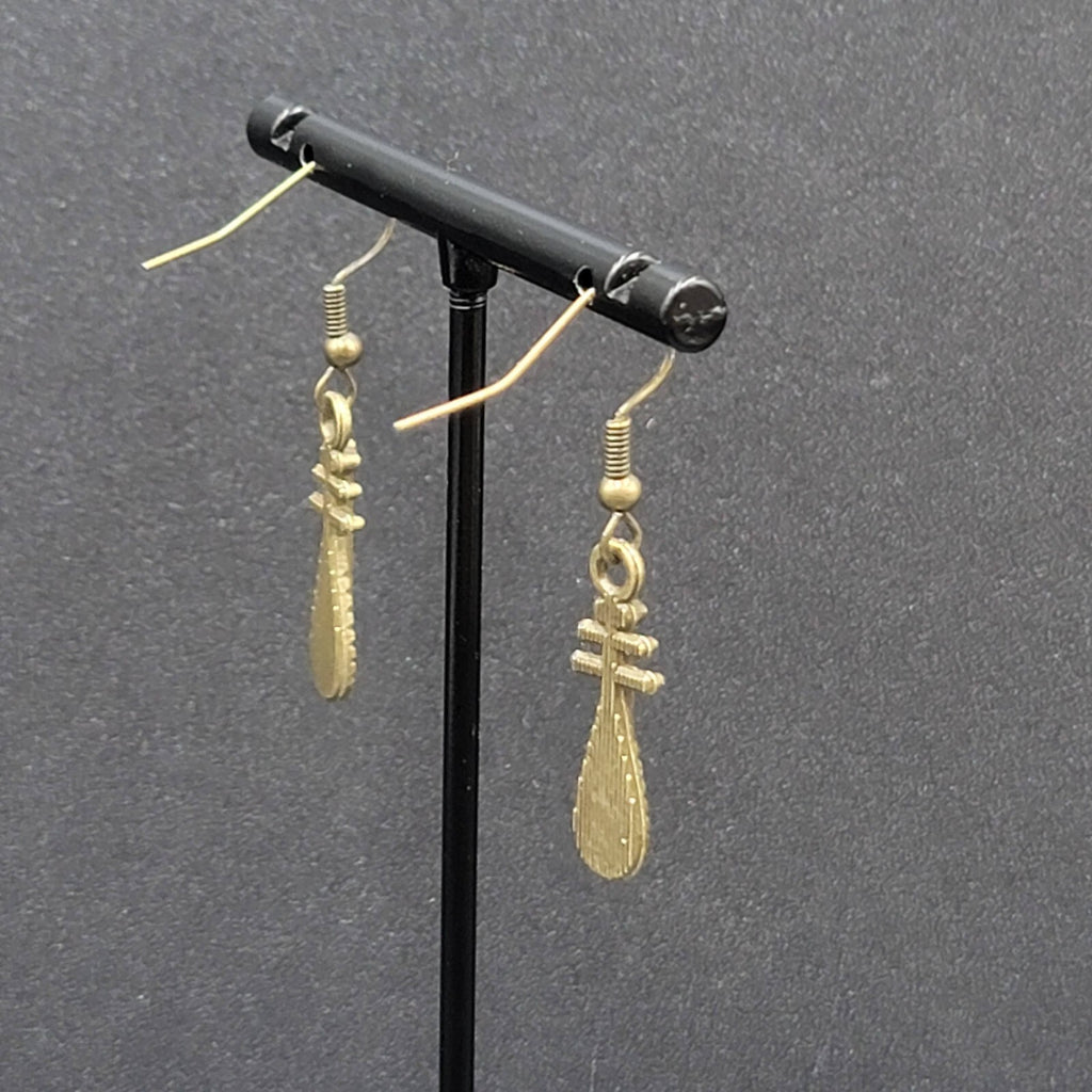 Lute Pierced Earrings Bronze tone Embossed Dangle New 1"