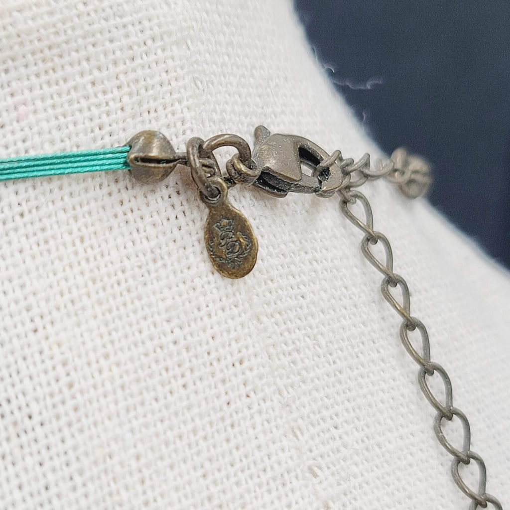Premier Designs Necklace Green Pottery Beads Blue Thread 18"-21"