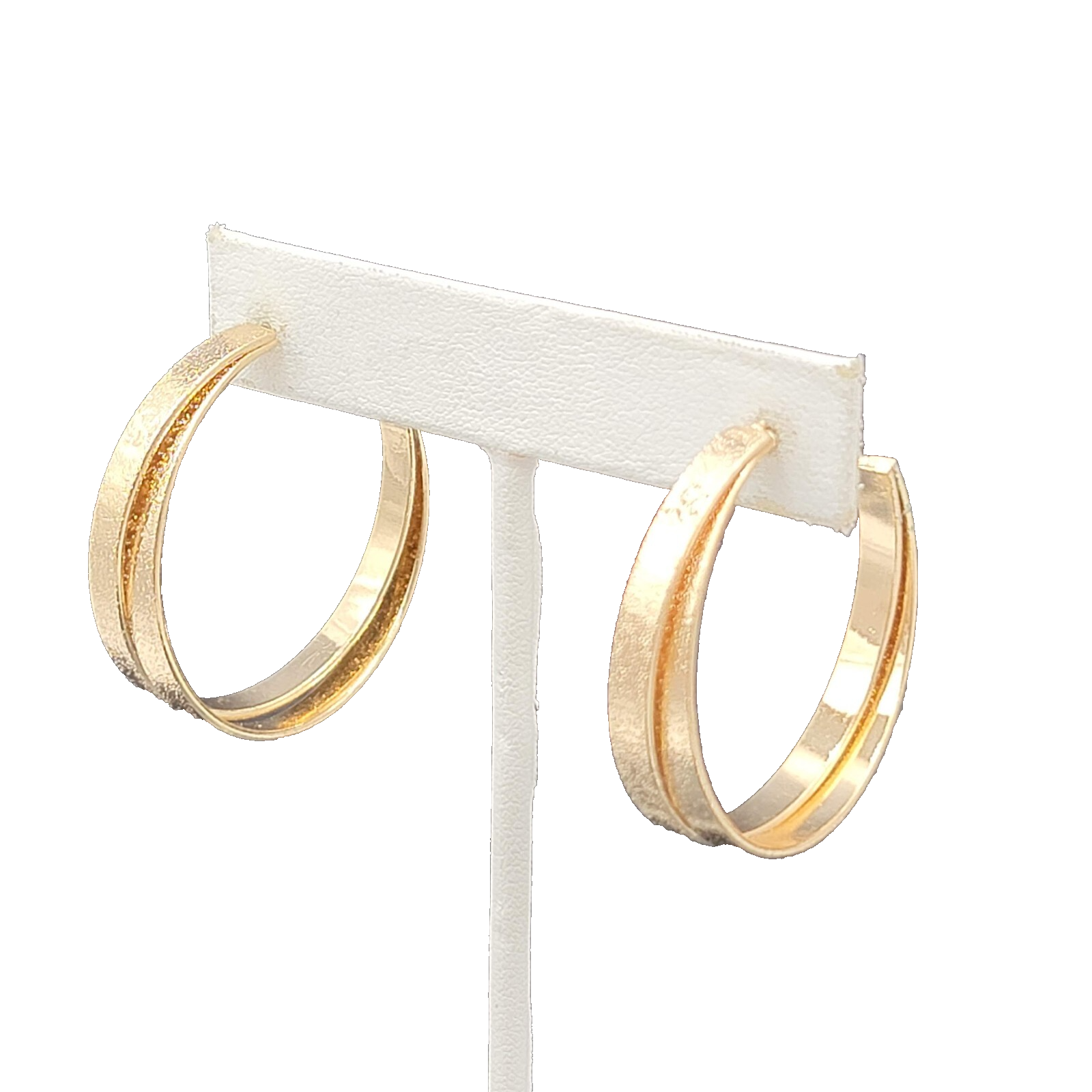 Pierced Earrings Gold tone Textured Double Hoops 1.5"
