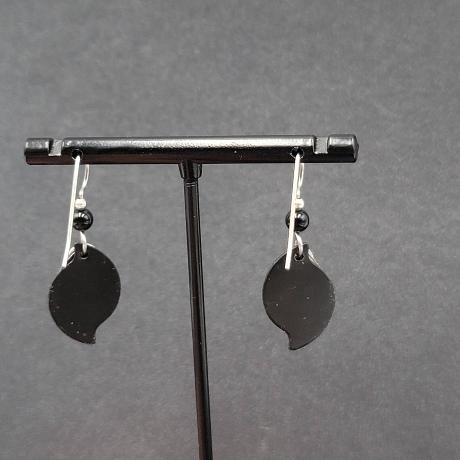 Pierced Earrings Silver tone Black Bead Layered Metal Dangle  3/4"