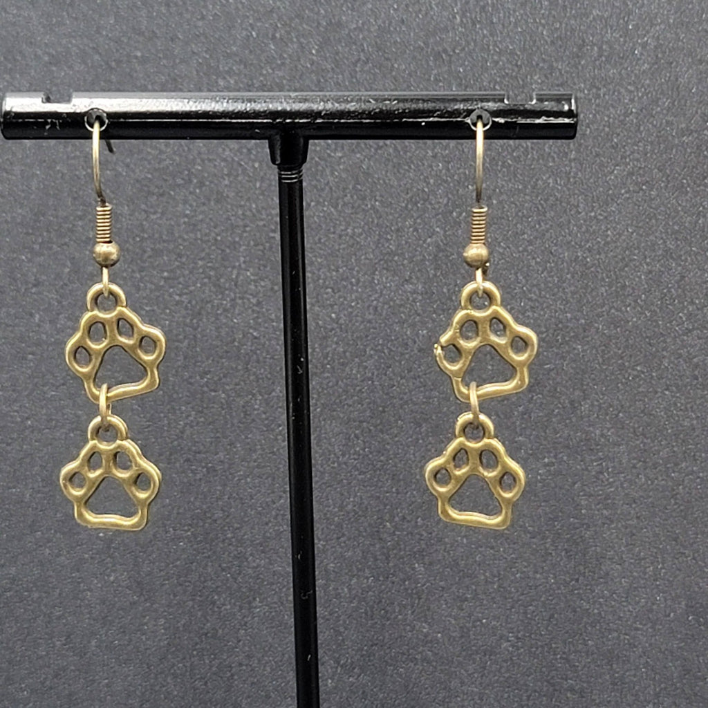 New Pierced Earrings Bronze tone Puppy Dog Paw Prints Dangle 1"