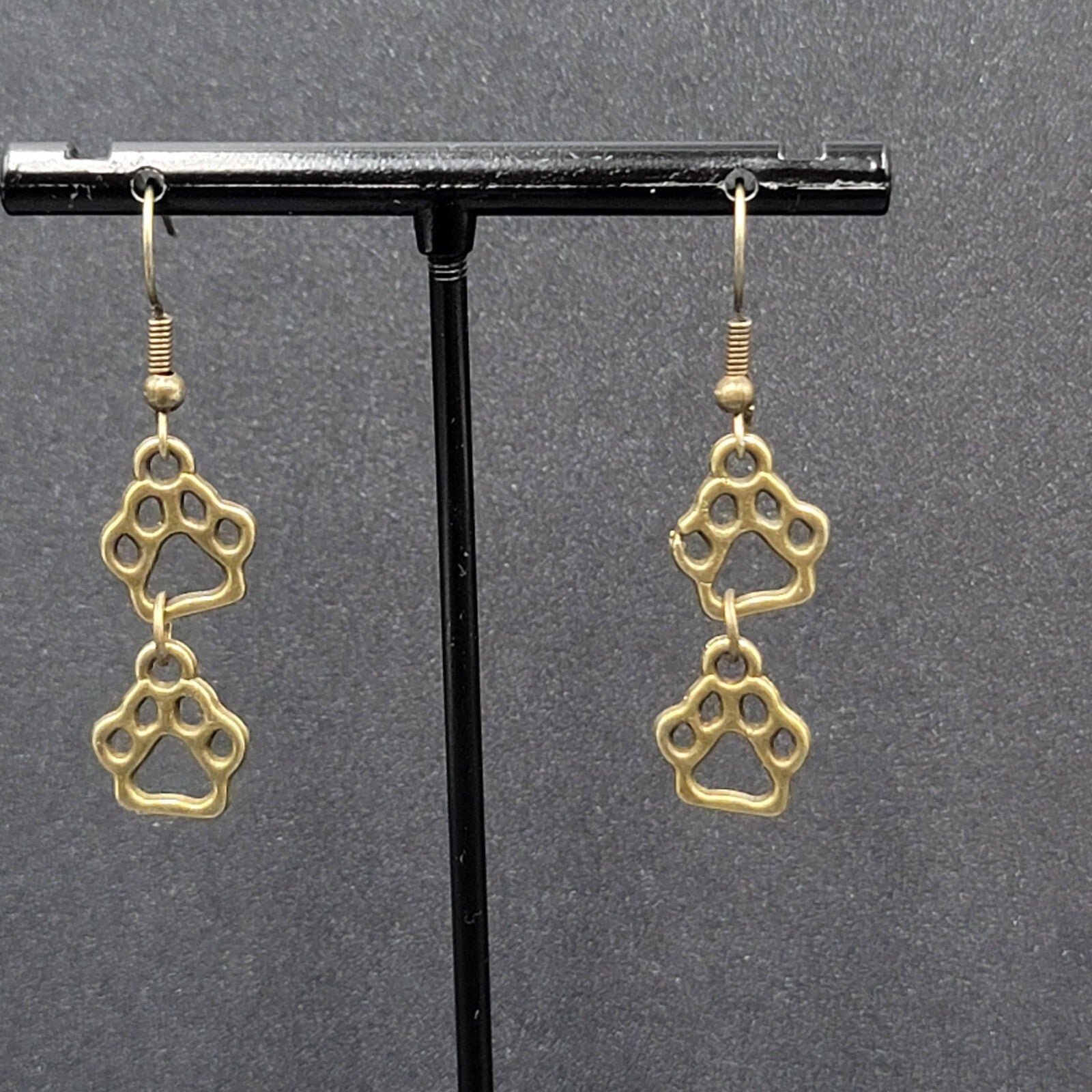 New Pierced Earrings Bronze tone Puppy Dog Paw Prints Dangle 1"