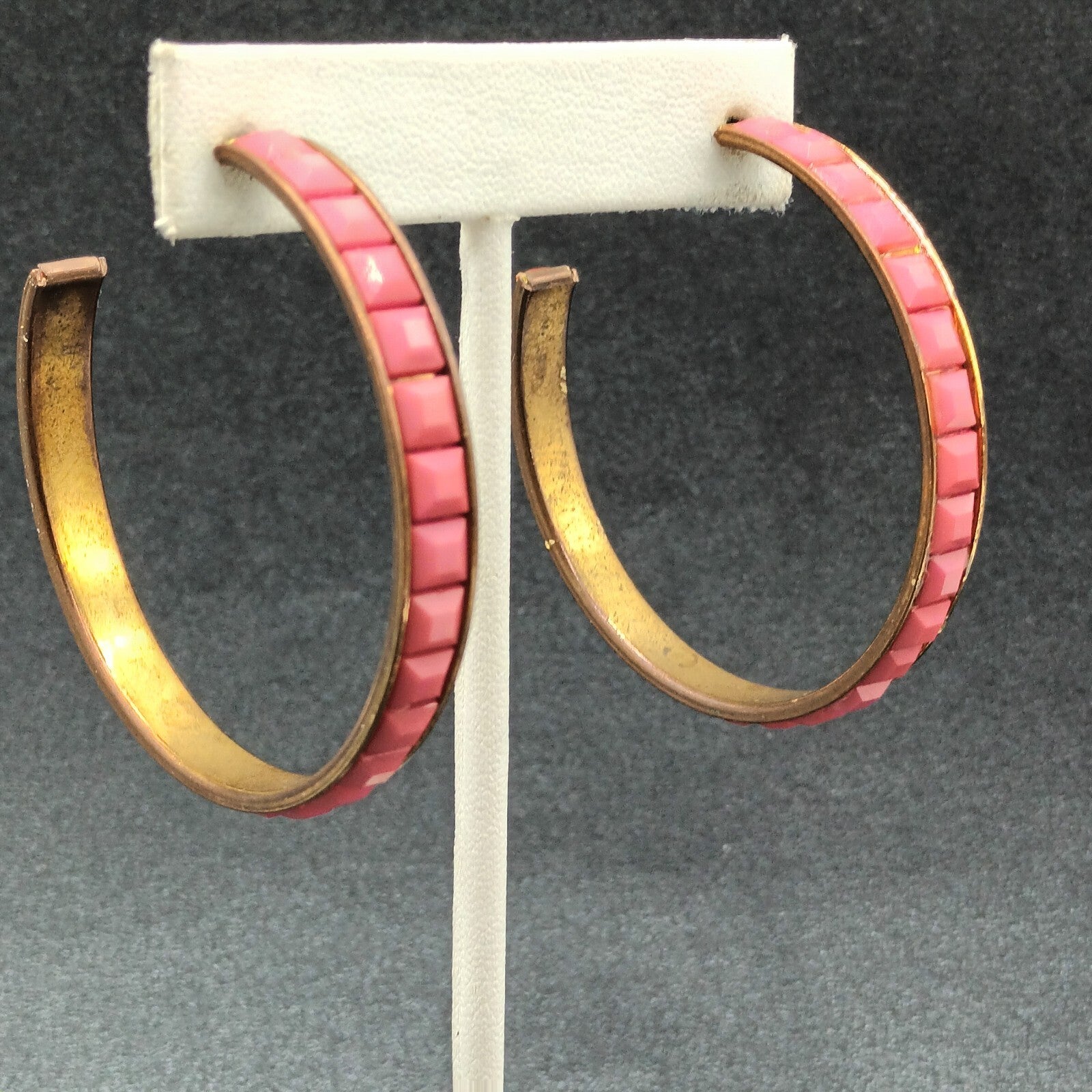 Pierced Earrings Bronze tone Pink Faceted Acrylic Statement Hoop 2 1/8"