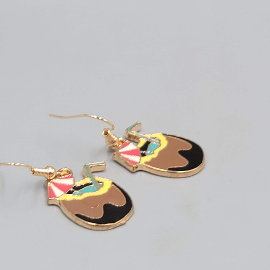 Coconut Cocktail Enamel Pierced Earrings Gold tone Dangle 7/8"