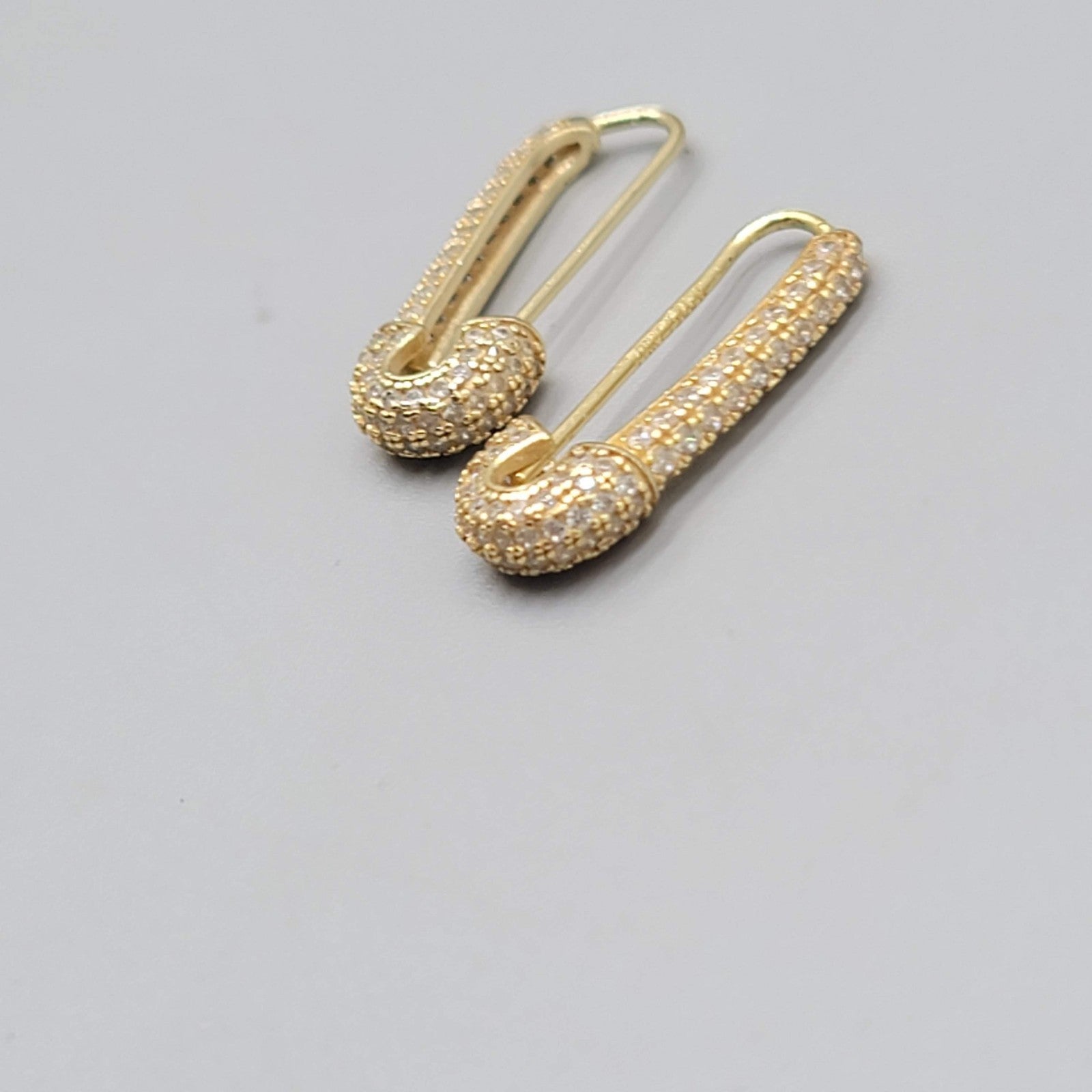 Crystal Studded Safety Pin Sterling Silver Gold Vermeil Pierced Earrings 7/8"