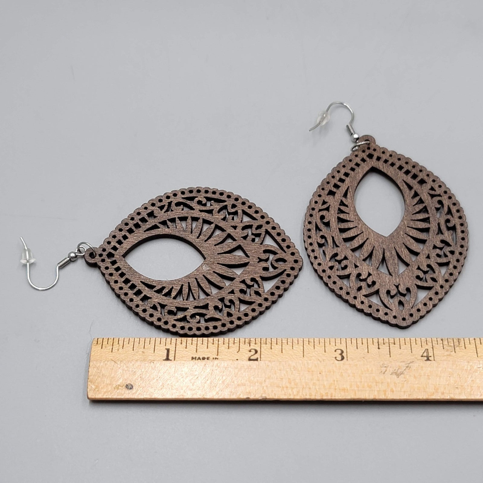Wood Cut Large Boho Pierced Earrings Silver tone Dangle 3 in