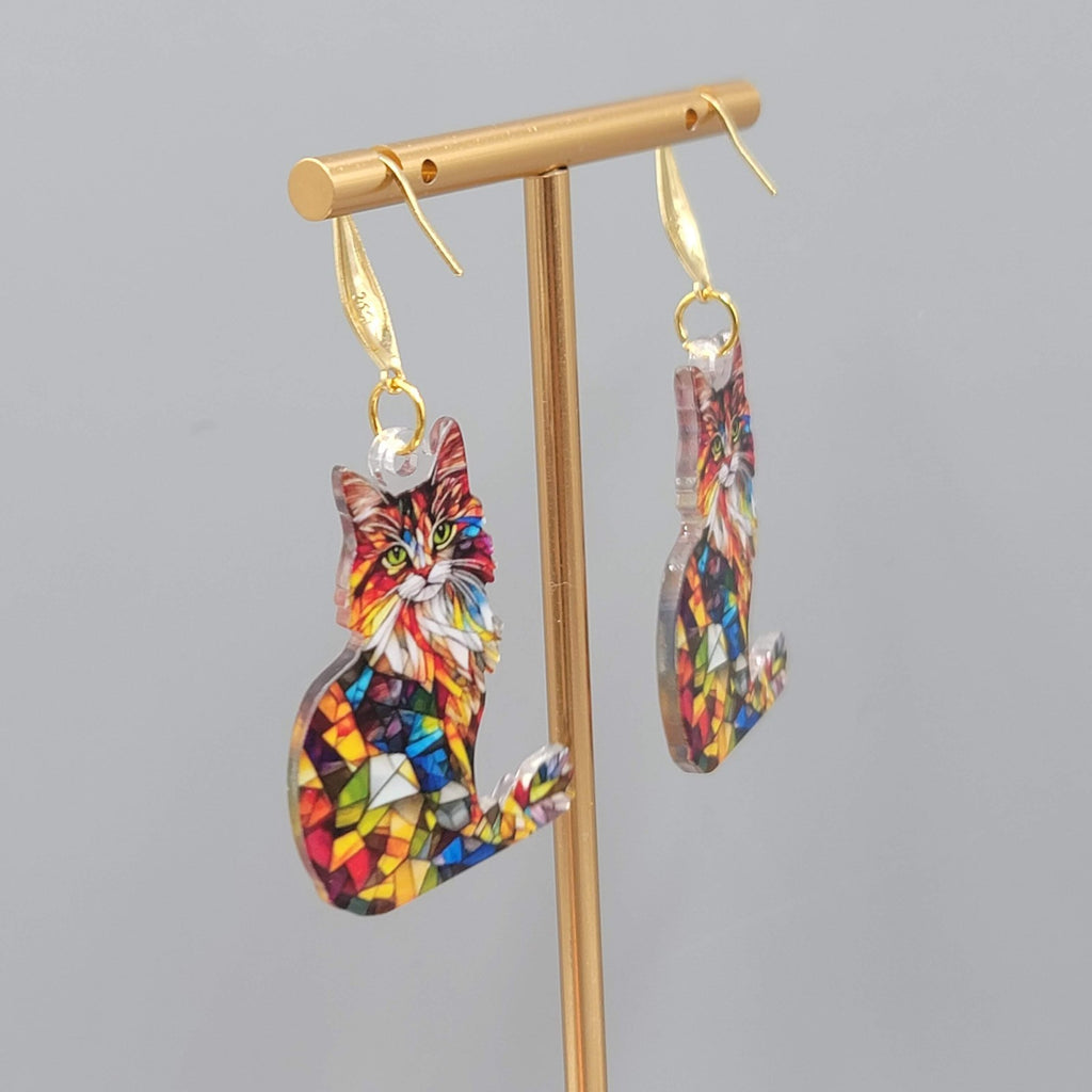 Mosiac Kitty Cat Pierced Earrings Multicolor  Acrylic Dangle Gold tone Hook 1.5"