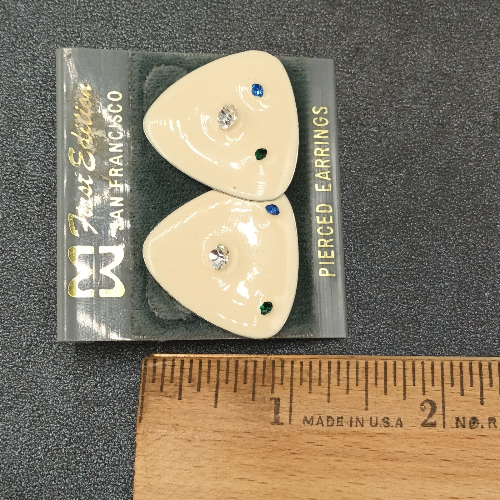 Vintage Pierced Earrings White Enamel Blue Clear Crystal Accent Triangle  1"