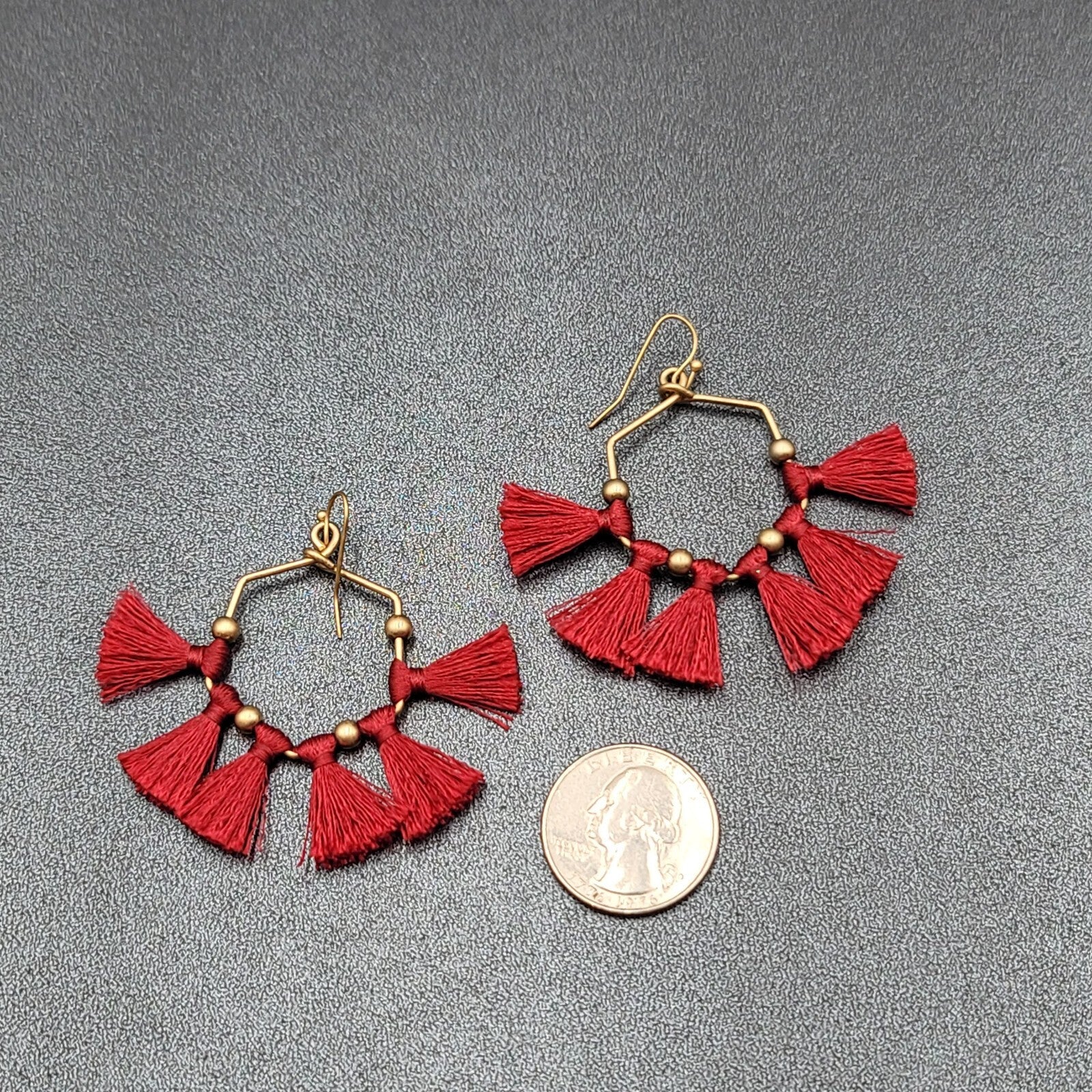 Pierced Earrings Gold tone Red Tassel Fun Fashion Statement Dangle 2"
