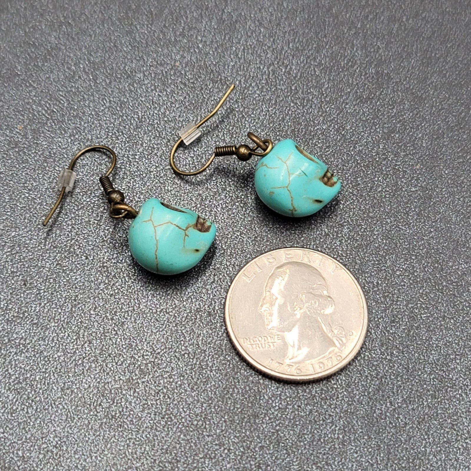 Skull Pierced Earrings Blue Howlite Stone Bead Dangle 3/4"
