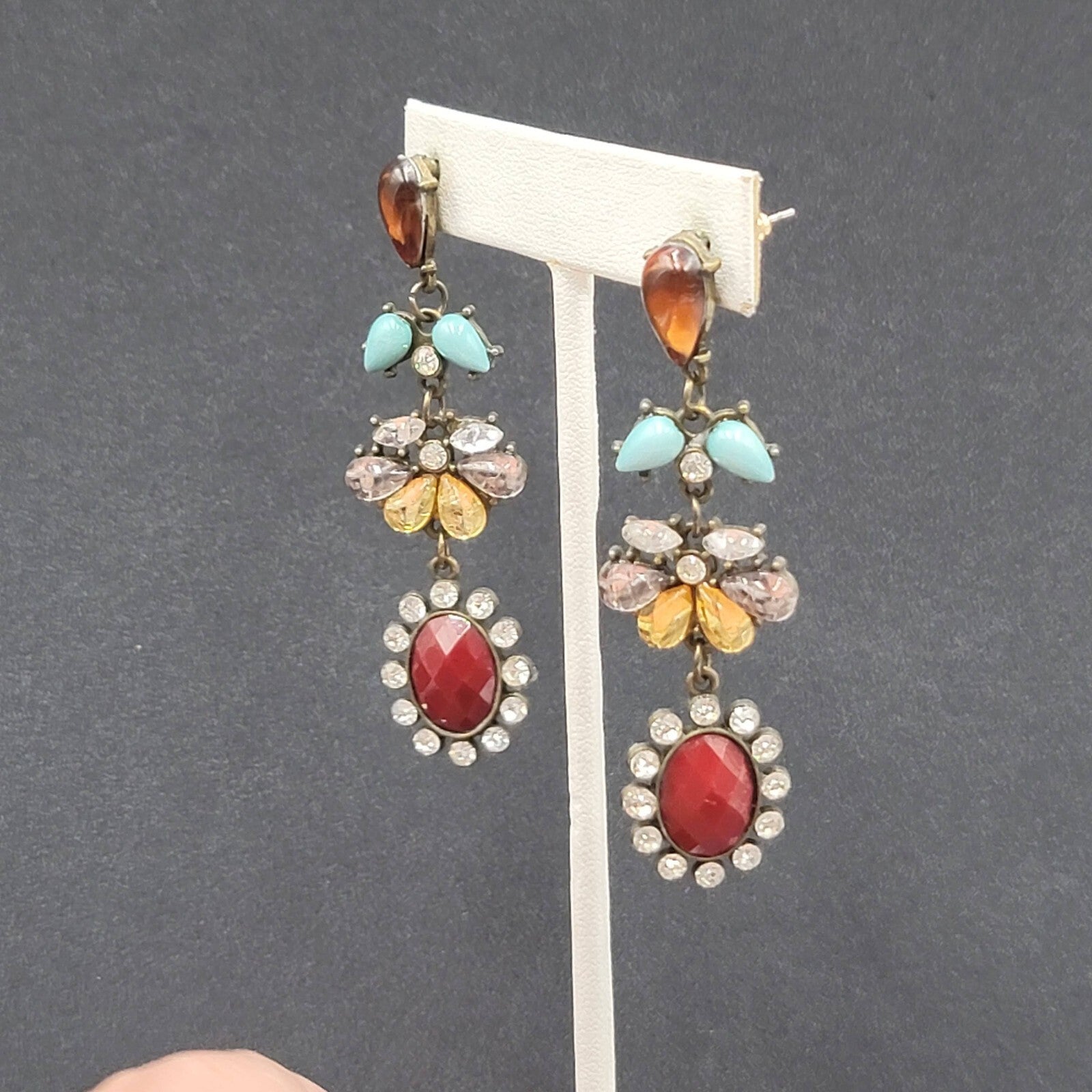 Pierced Earrings Bronze tone Multi Color Accents Rhinestone 2.75"