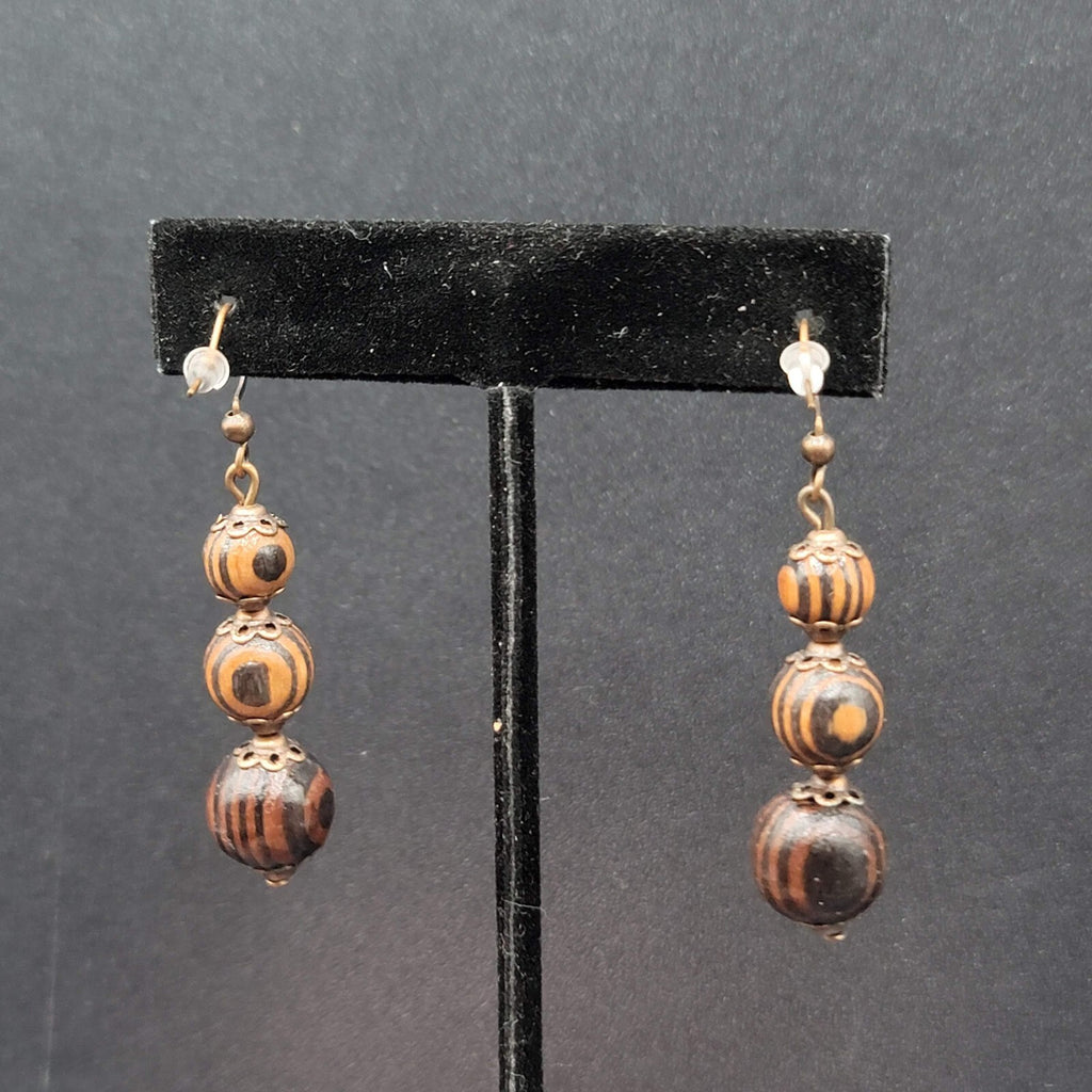 New Boho Pierced Earrings Copper tone Capped Wood Beads Dangle 1.5"