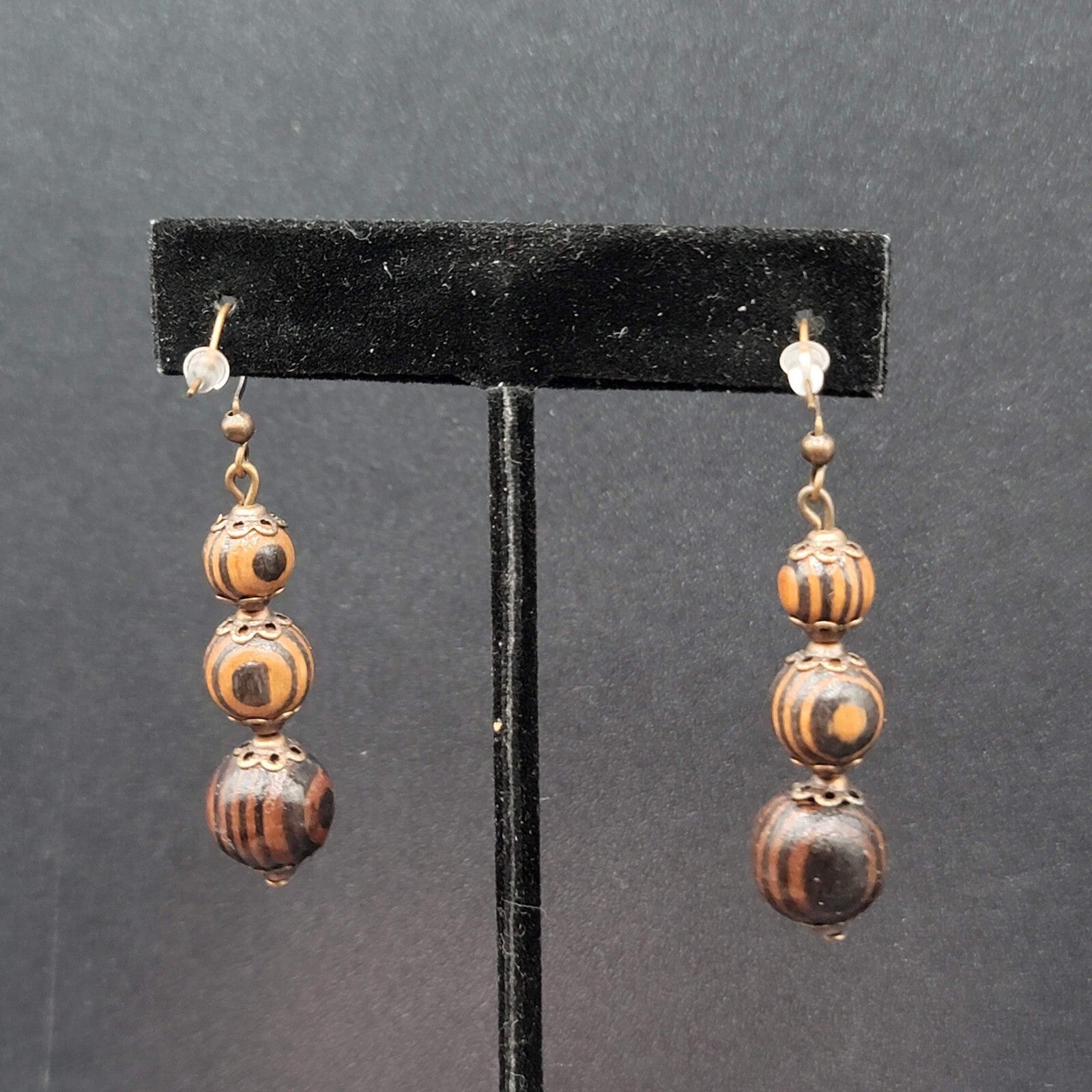 New Boho Pierced Earrings Copper tone Capped Wood Beads Dangle 1.5"