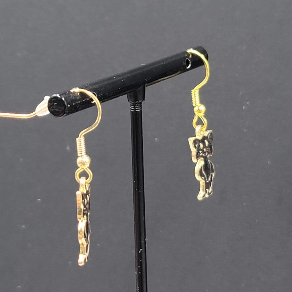 Cat Pierced Earrings Gold tone Black Enamel Dangle 3/4"
