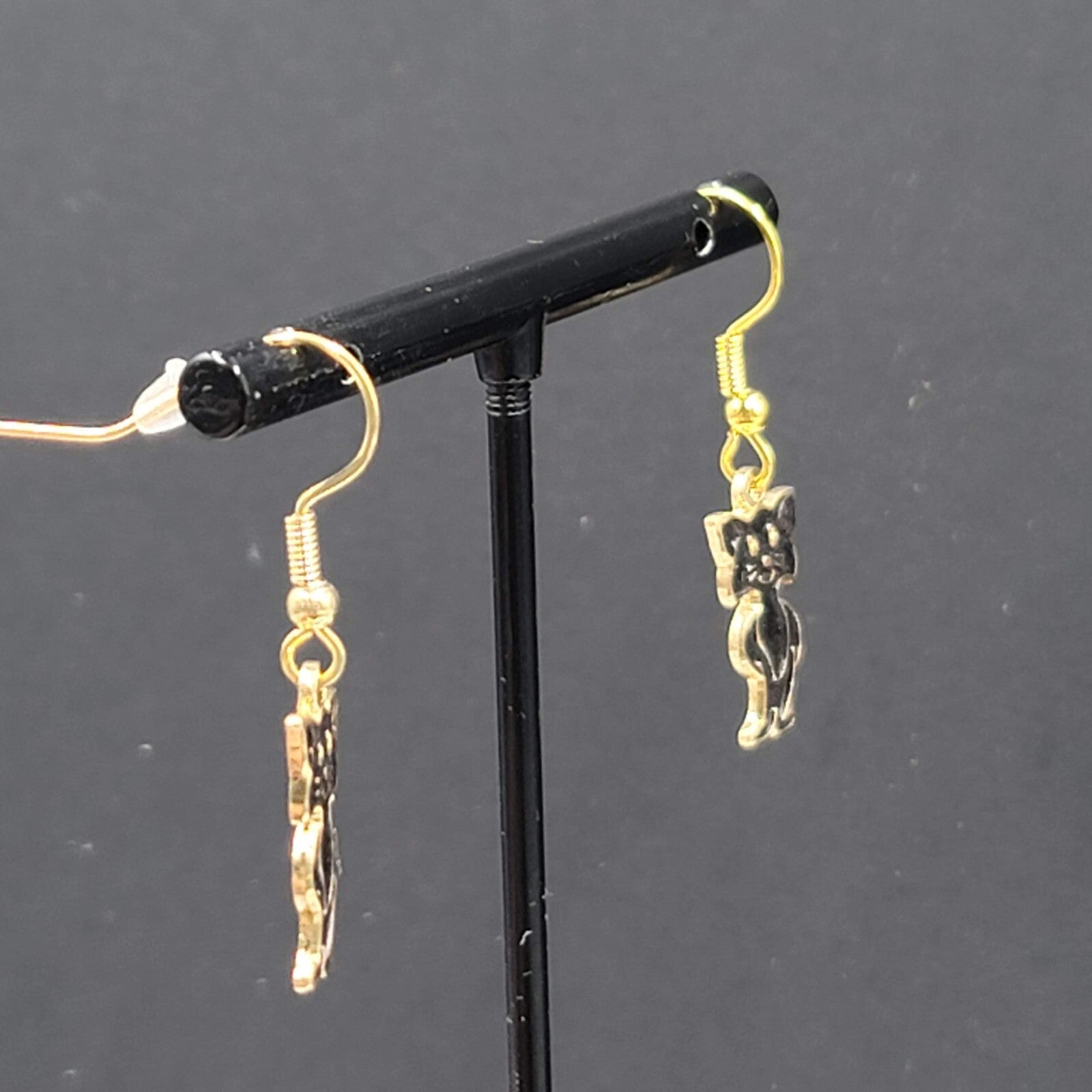 Cat Pierced Earrings Gold tone Black Enamel Dangle 3/4"