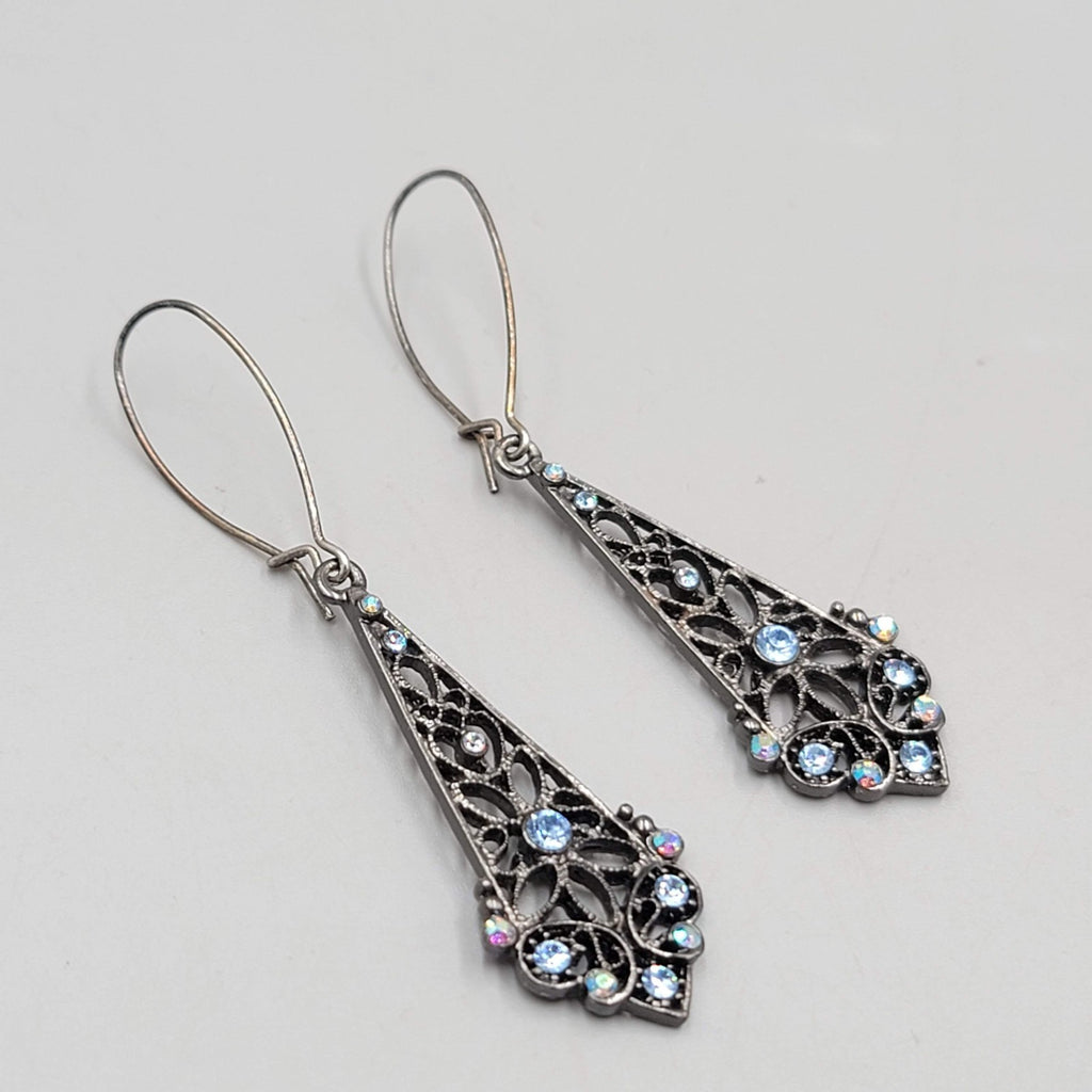 Black Metal Blue Rhinestone Pierced Earrings Long Dangle 2"