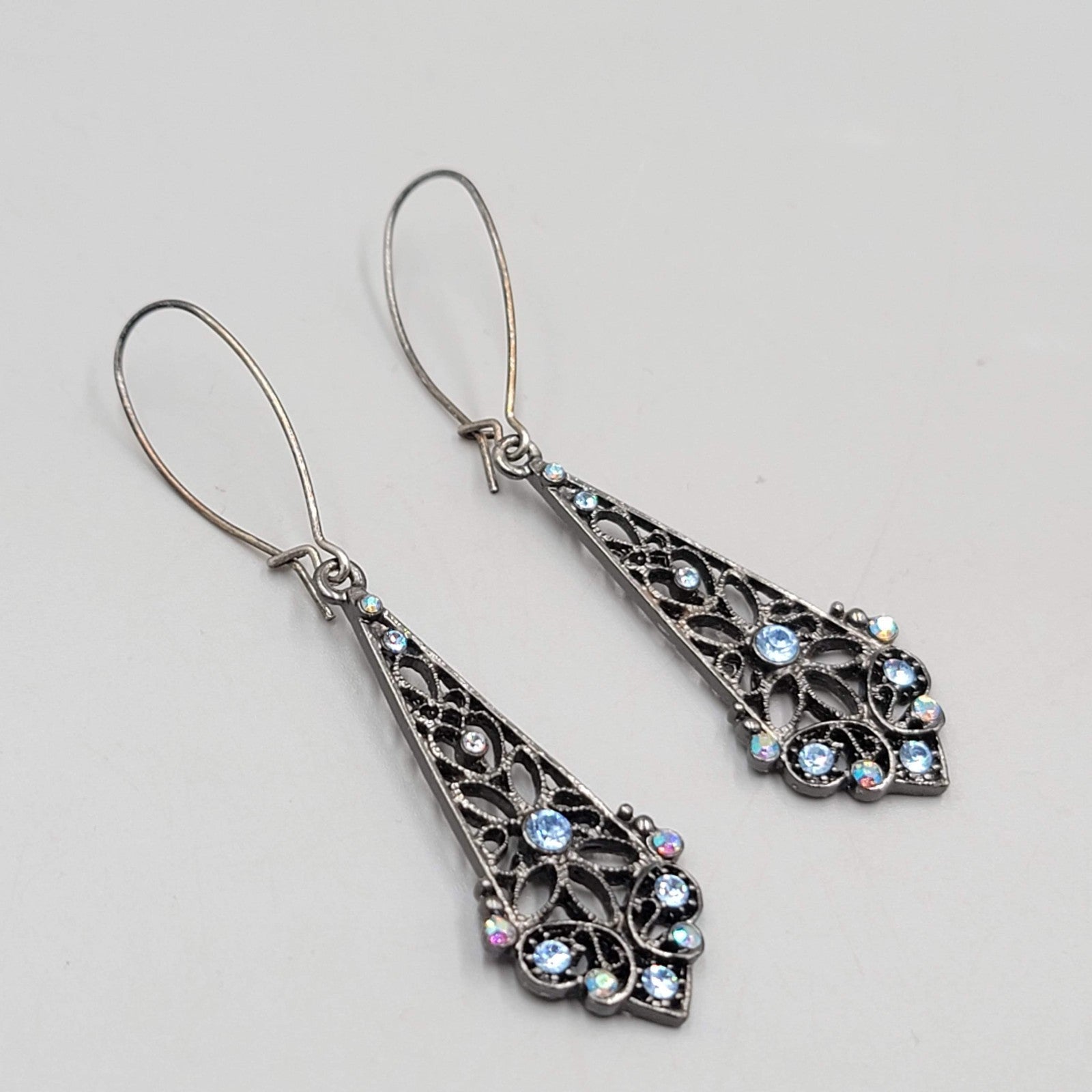 Black Metal Blue Rhinestone Pierced Earrings Long Dangle 2"