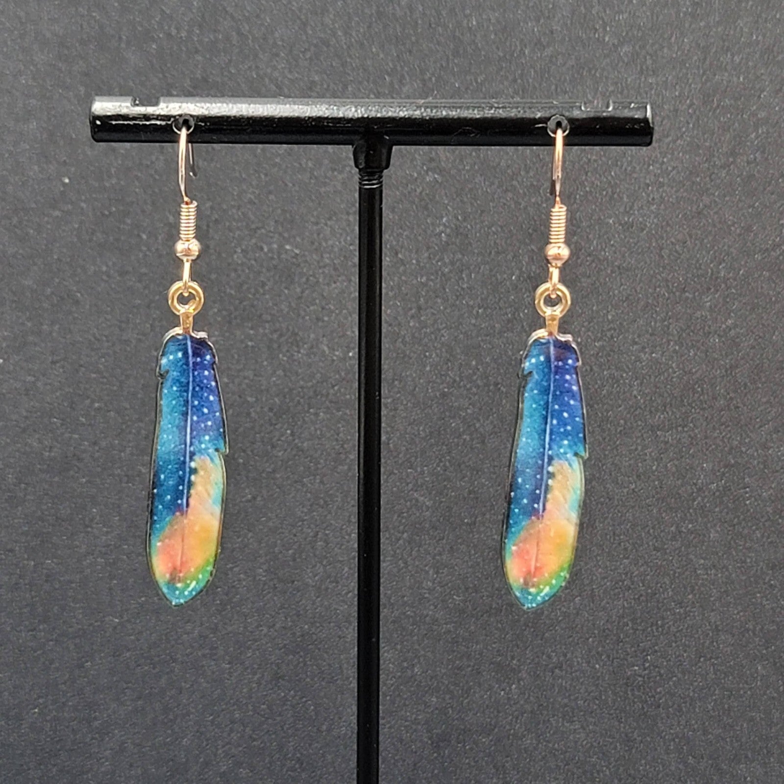 Metal Feather Pierced Earrings Cosmic Blue Galaxy Gold tone Dangle 1.5"