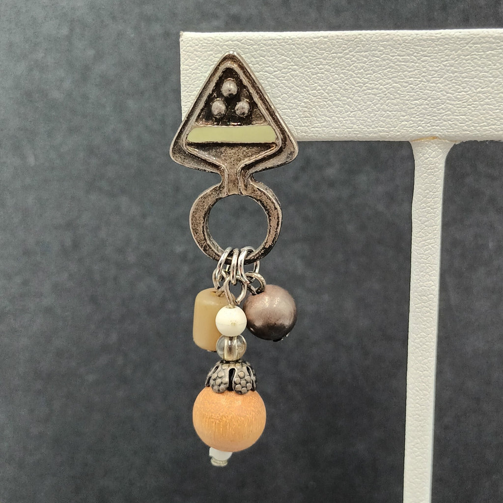 Boho Pierced Earrings Silver tone Wood Bead Dangle 2.25"