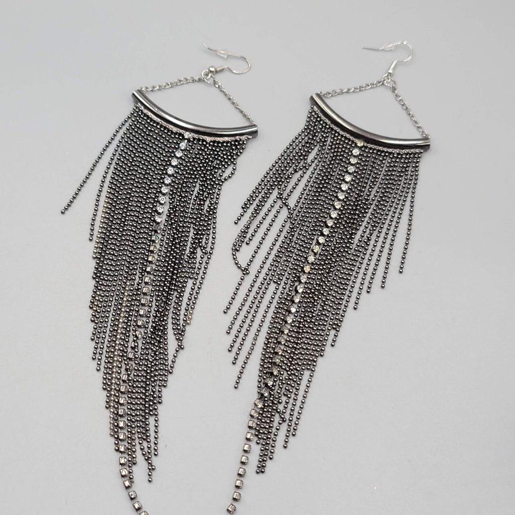 LONG Multi Chain Pierced Earrings Black Metal Crystal Rhinestone Dangle 7"