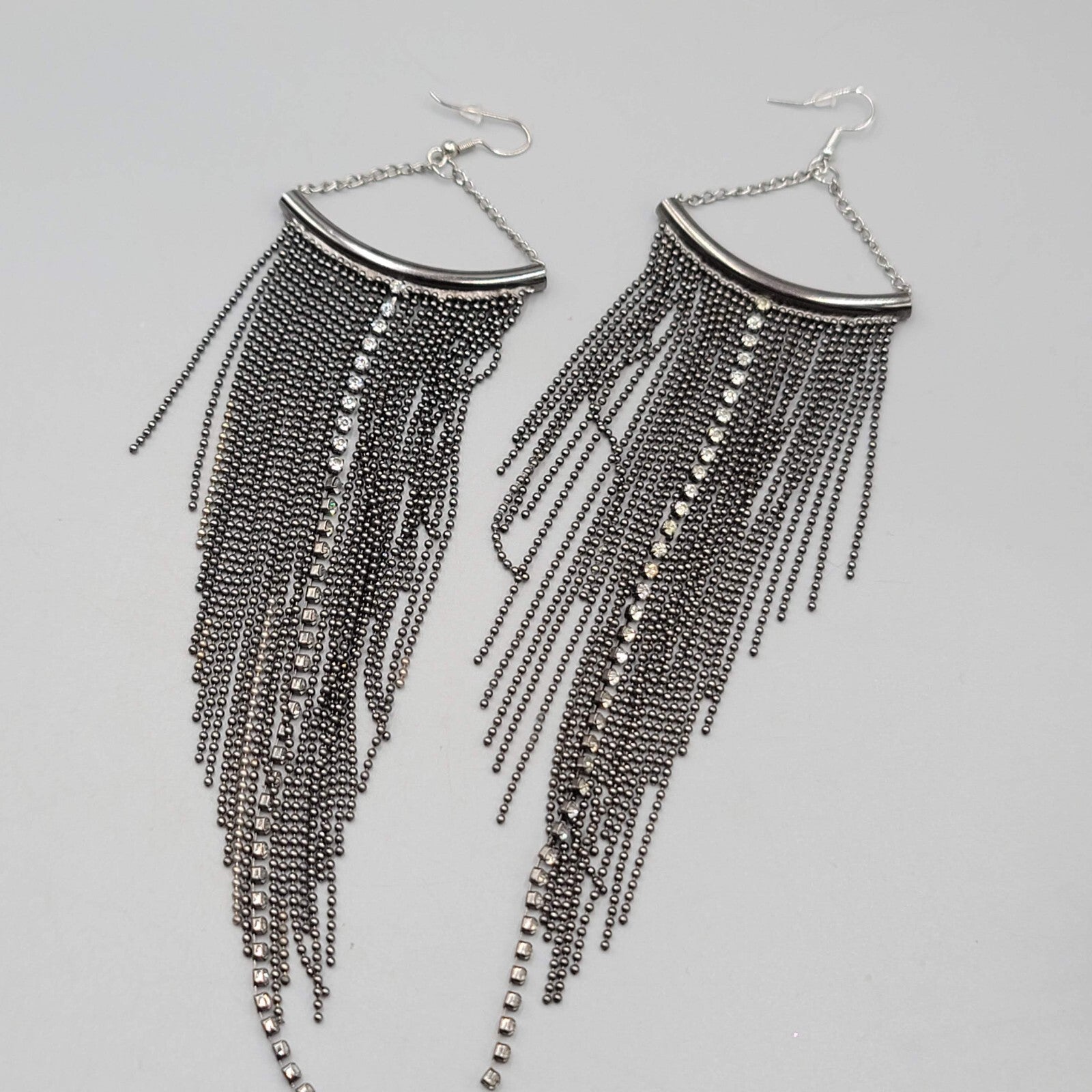 LONG Multi Chain Pierced Earrings Black Metal Crystal Rhinestone Dangle 7"