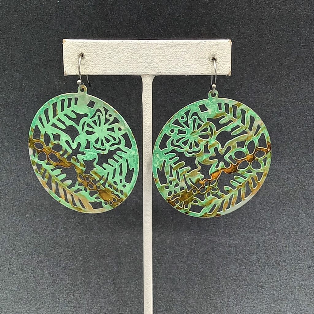 Pierced Earrings Metal Open Work Brown and Green Enamel Medallion Dangle 2"