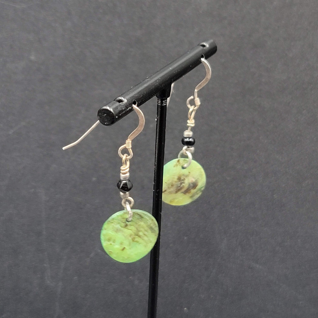 Pierced Earrings Sterling Silver Hooks Green Shell Dangle 1.25"