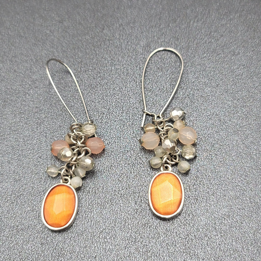 Pierced Earrings Silver tone Cluster Bead Orange Dangle 2.5"