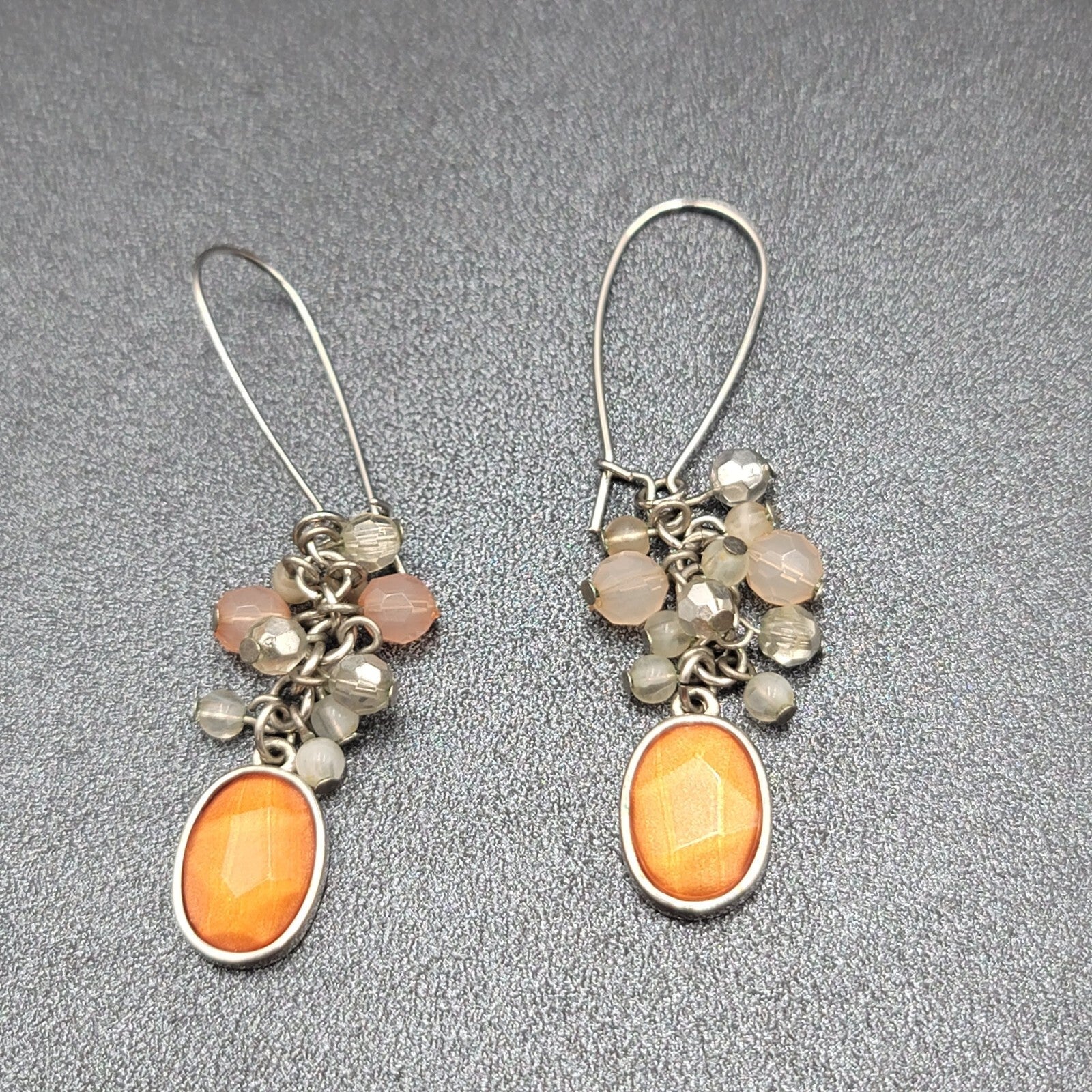 Pierced Earrings Silver tone Cluster Bead Orange Dangle 2.5"