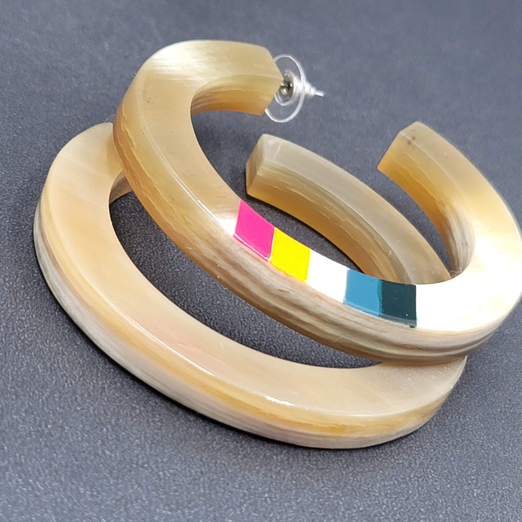 Pierced Earrings Resin Faux Horn Hoops Hand Painted 2 3/8"