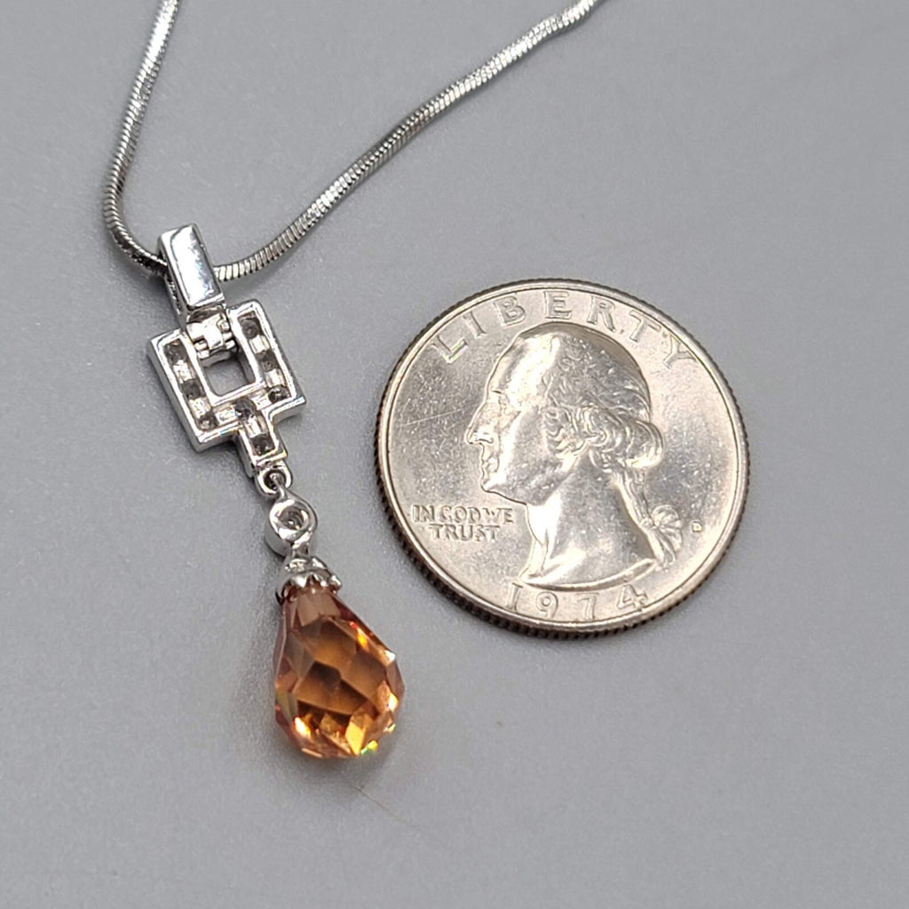 Orange Crystal Teardrop Pendant Necklace Silver tone Snake Chain 15"