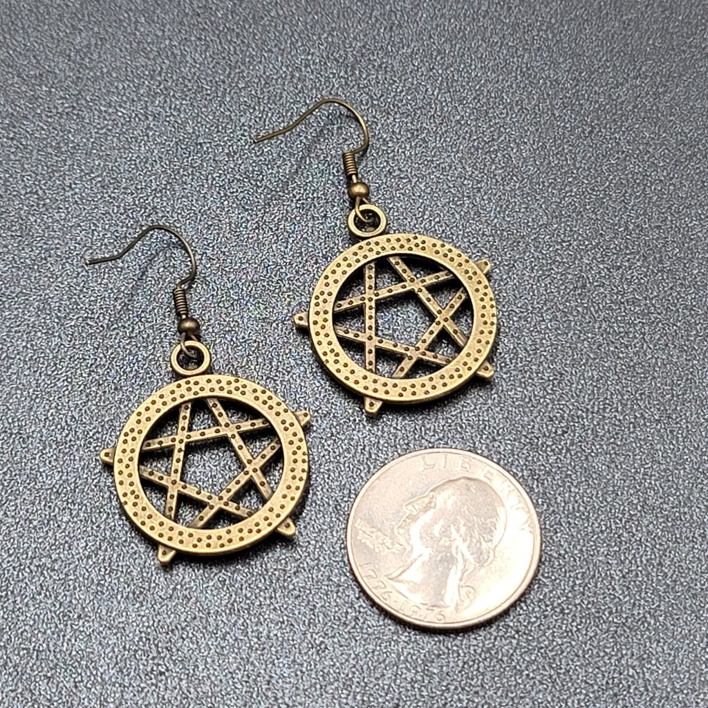 Pentacle Pierced Earrings Bronze tone Pentagram Witch Dangle 1 1/8"