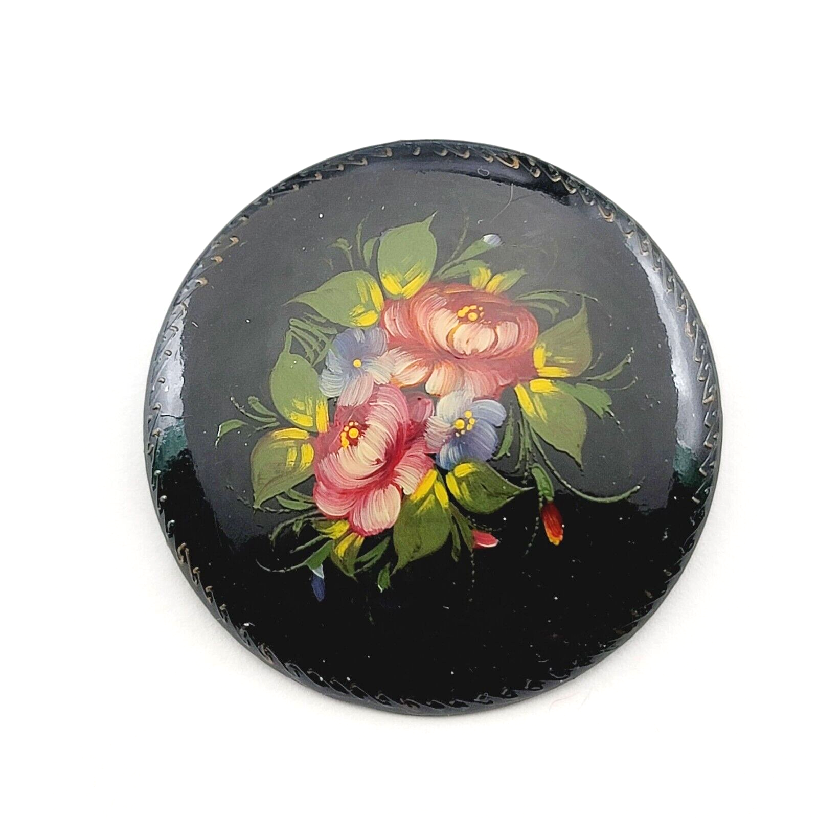 BLACK LAQUERED HAND PAINTED RUSSIAN FLORAL FOLK ART BROOCH 1  7/8"