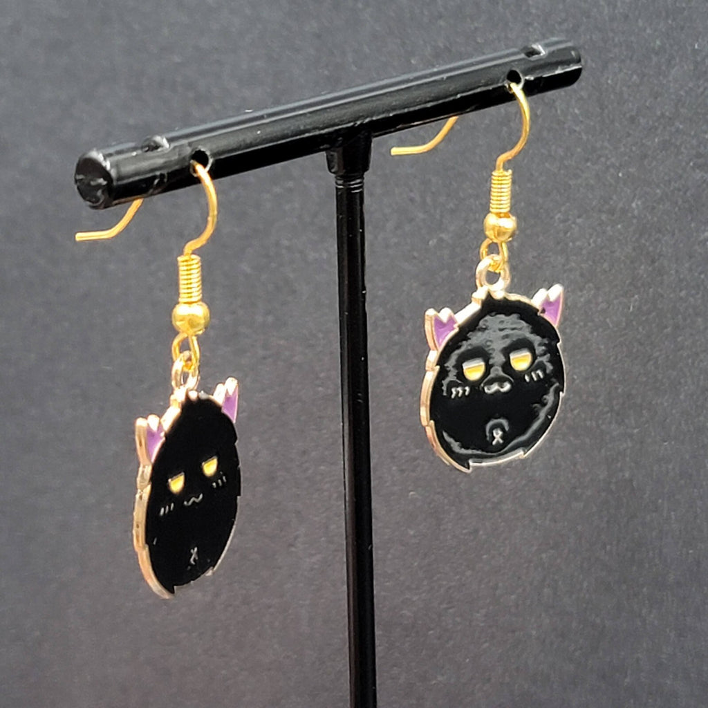 Bat Pierced Earrings Gold tone Enamel Halloween Dangle 7/8"