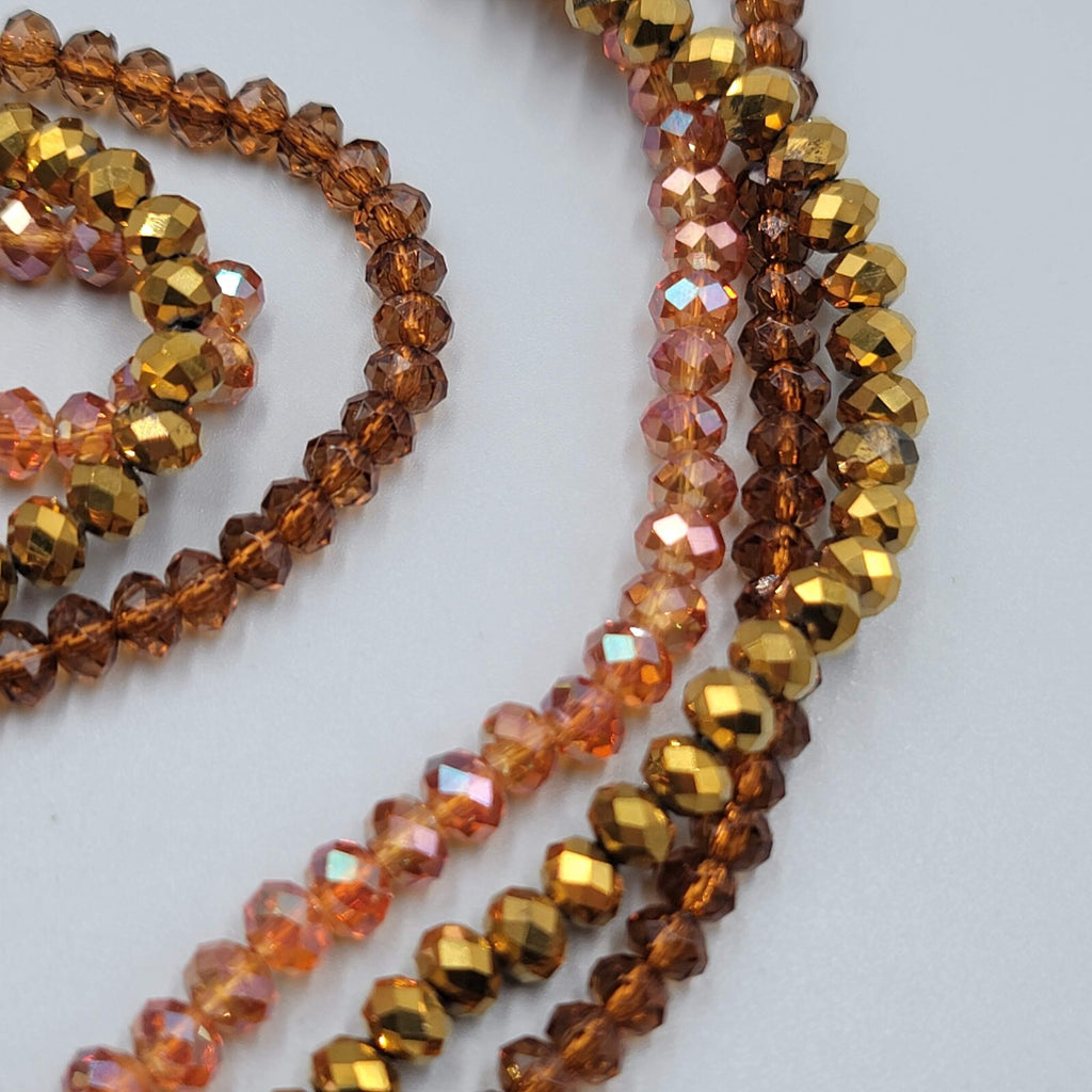 Long Crystal Bead Necklace Triple Strand Gold tone Chain 36"-38"