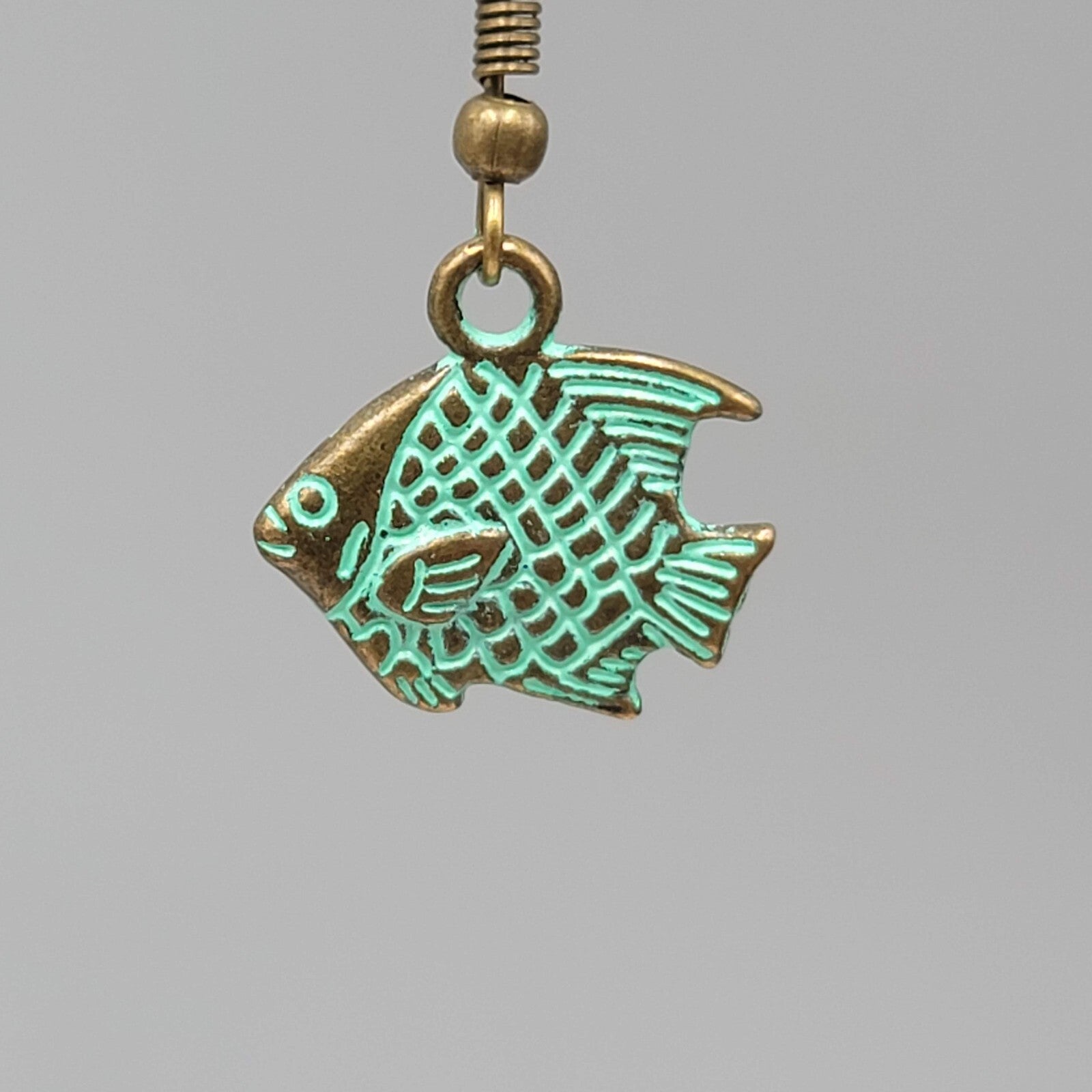 Fish Beach Sea life Pierced Earrings Bronze tone Green wash Dangle 5/8"