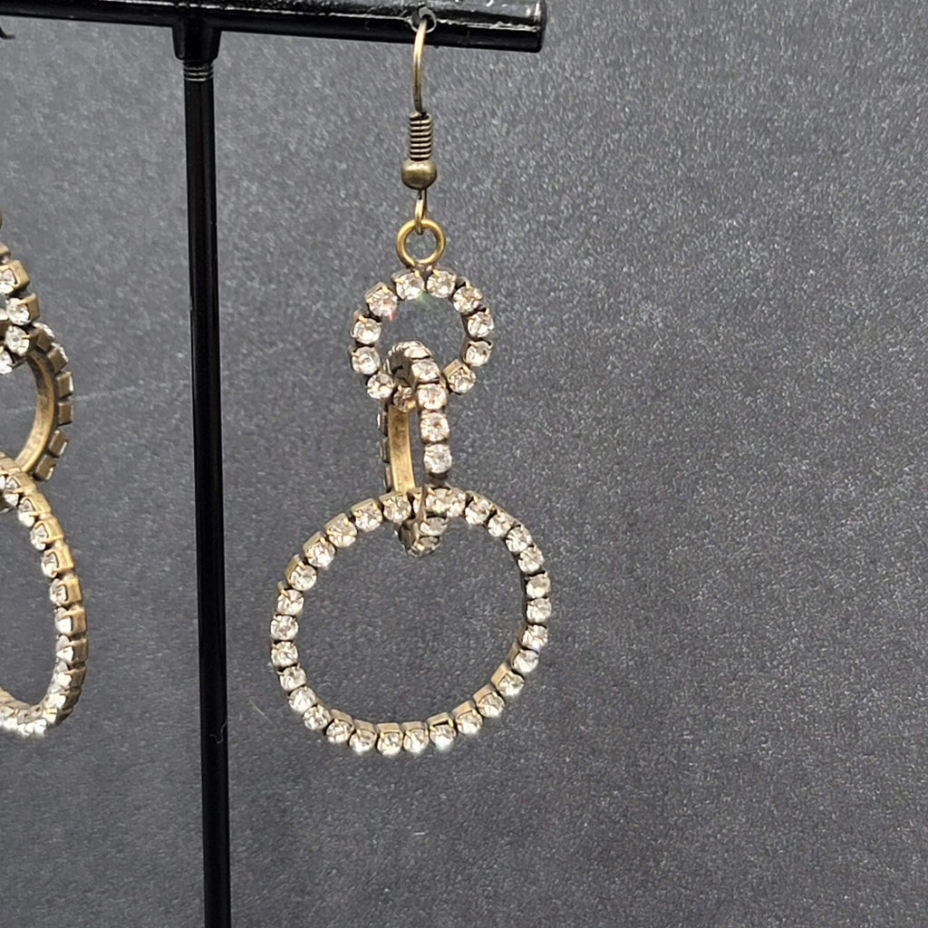 Pierced Earrings Bronze tone Concentric Circles Crystal Studded Dangle  2"