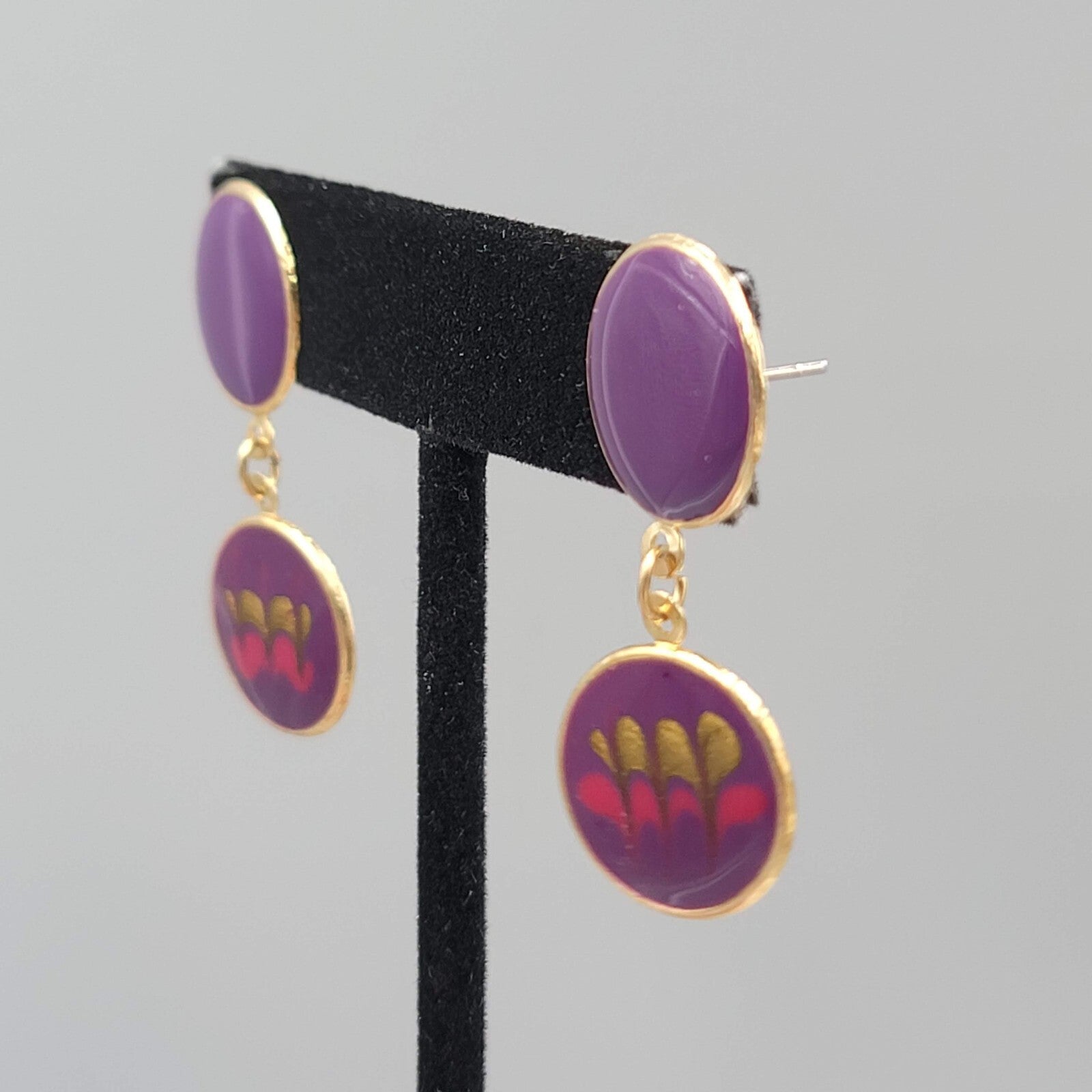 Vintage Pierced Earrings Purple Enamel Dangle Gold tone 1.5"
