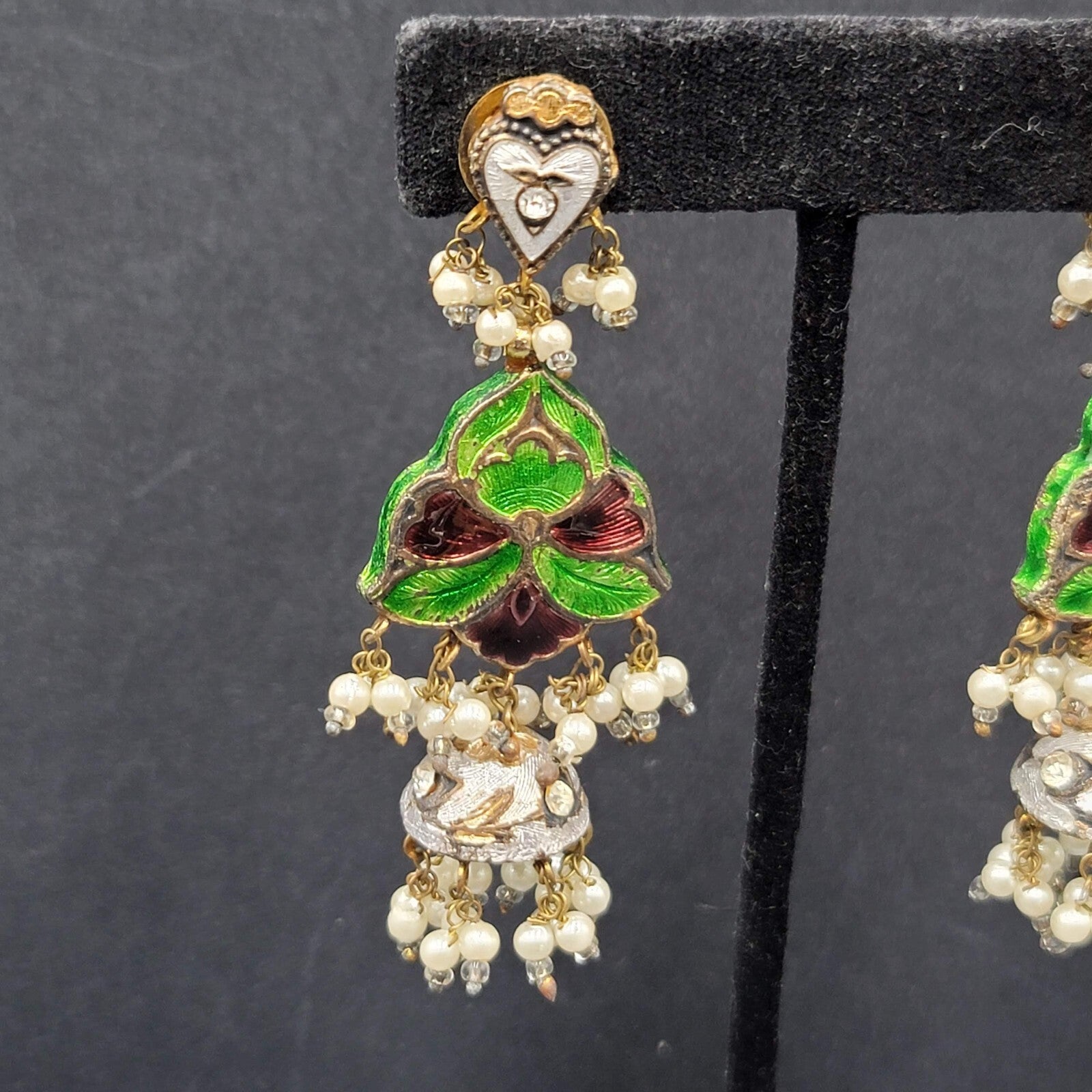 Clip on Earrings Large Enamel Guilloche Beaded Chandelier India Jewelry 2.75"