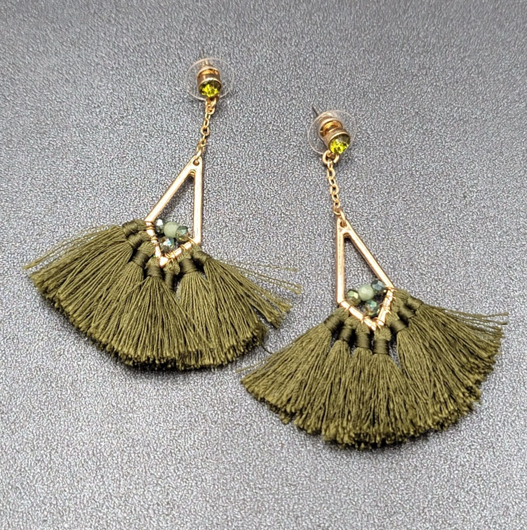 Pierced Earrings Gold tone Green Rhinestone Tassel Dangle 3"