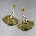 Pierced Earrings Gold tone Green Rhinestone Tassel Dangle 3"