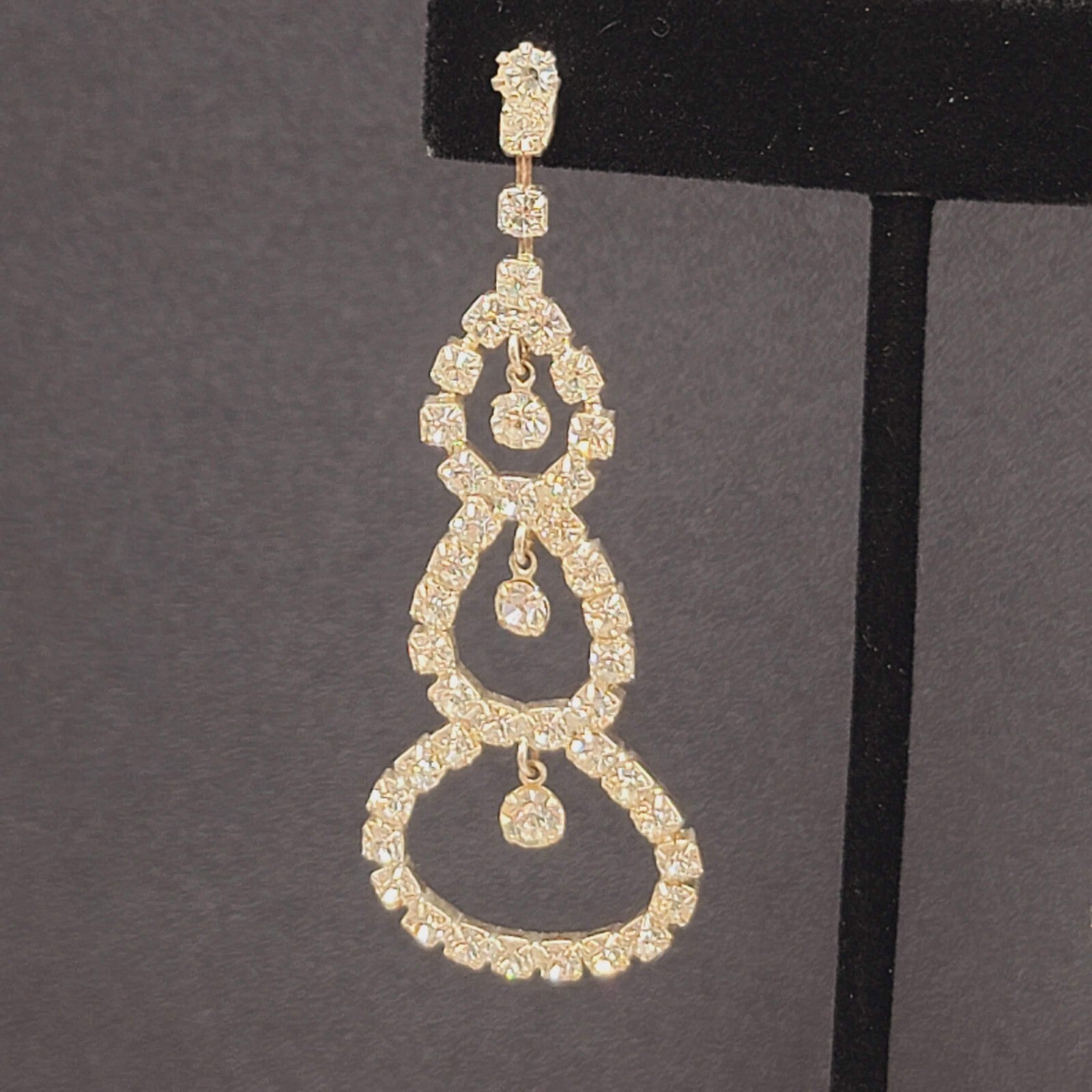 Long Rhinestone Pierced Earrings Silver tone Dangle Open Circles 2.75"